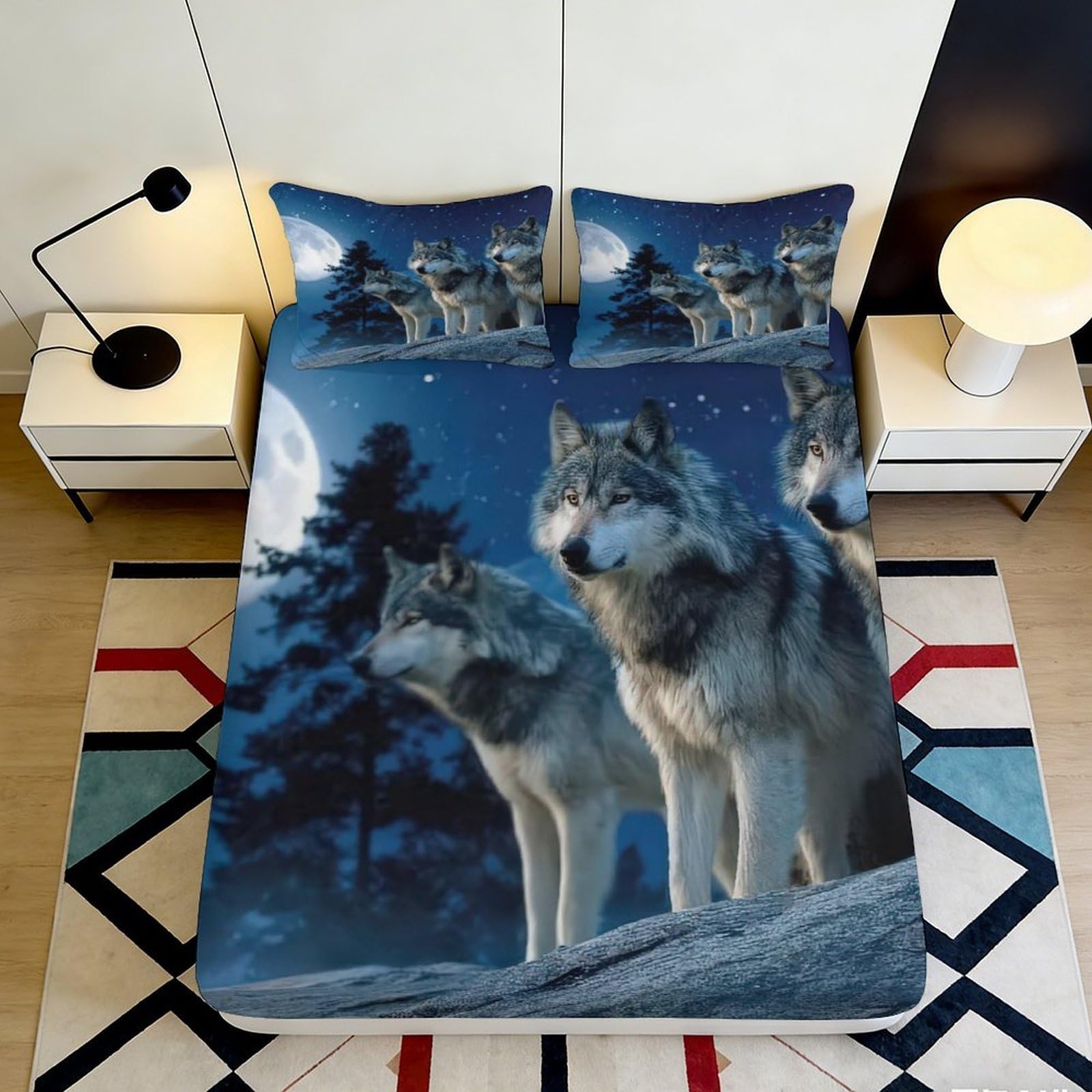 3D Printed Moonlit Wolf Fitted Sheet Microfiber Soft Blue Night Forest Mattress Cover for Bedroom Guestroom Decor 90x200x25cm