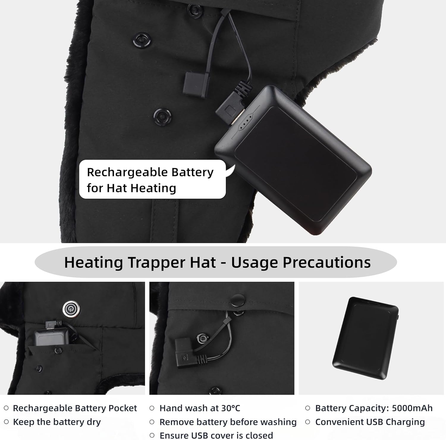 Connectyle Heated Trapper Hat with Rechargeable Battery & LED Light, Headlamp Winter Hat Faux Fur Ushanka Hunting Cap for Men - Image 4