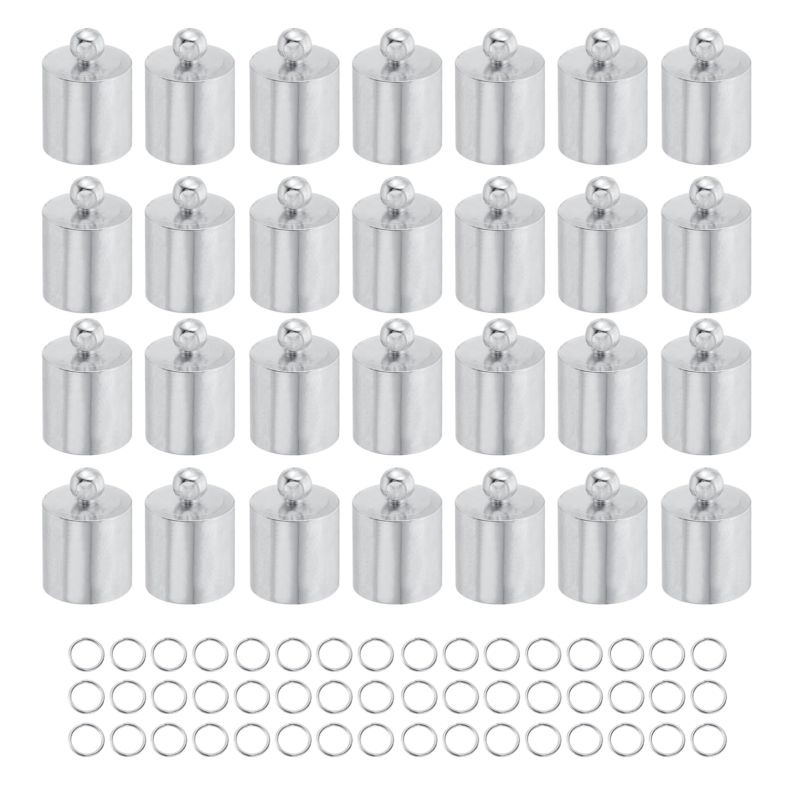 sourcing map 100Pcs Leather Cord End Caps, 9.5mm ID Tassel Barrel End Caps with Jump Rings for Jewelry Making Findings DIY Bracelet Necklace, Bright Silver Tone
