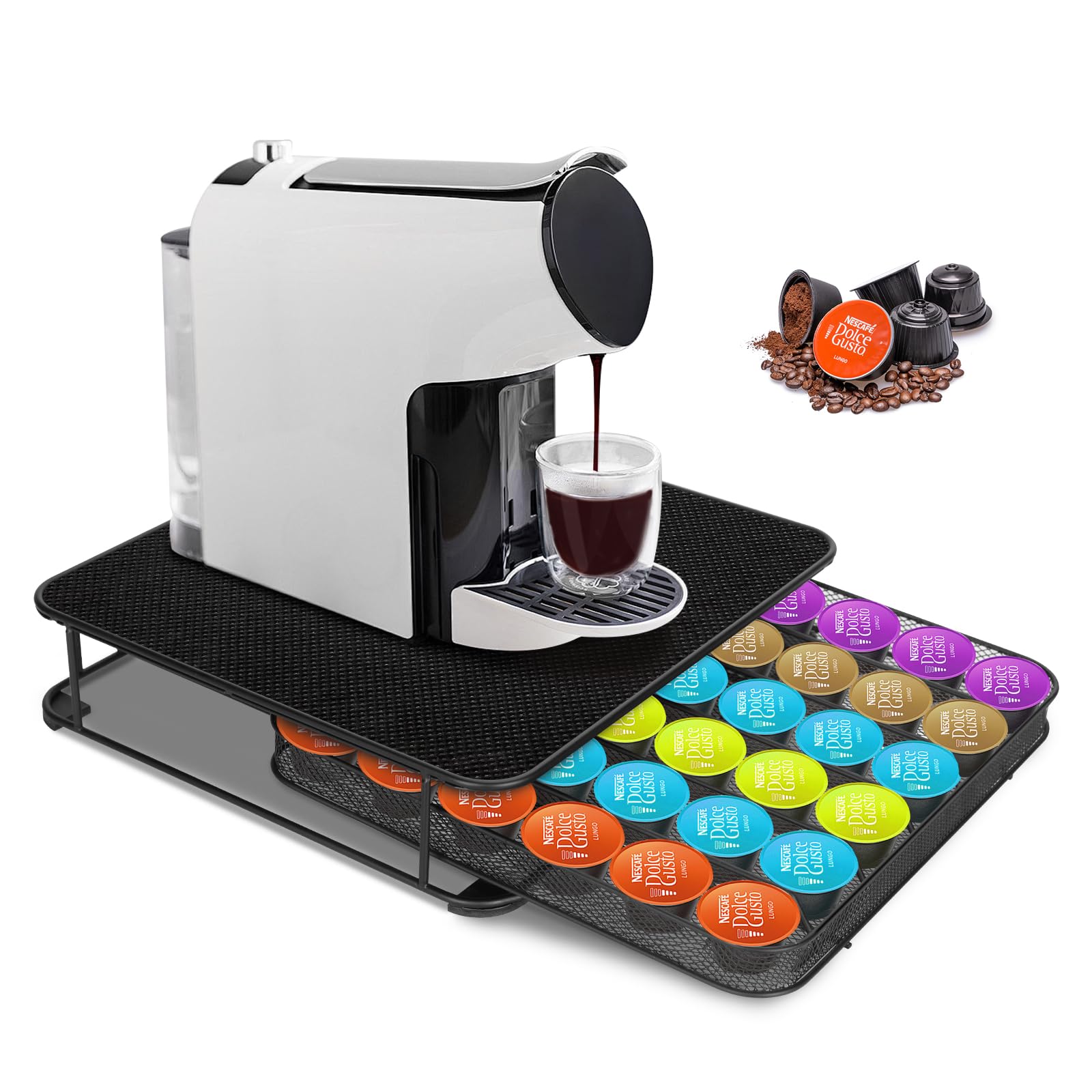 Myiosus Porte Capsule Dolce Gusto, Rangement Dosettes Capsules 42 PCS, Tiroir Capsule de Café avec Surface Anti-Vibration, Support Range Dosette pour La Maison, Bureau, Café (Noir)