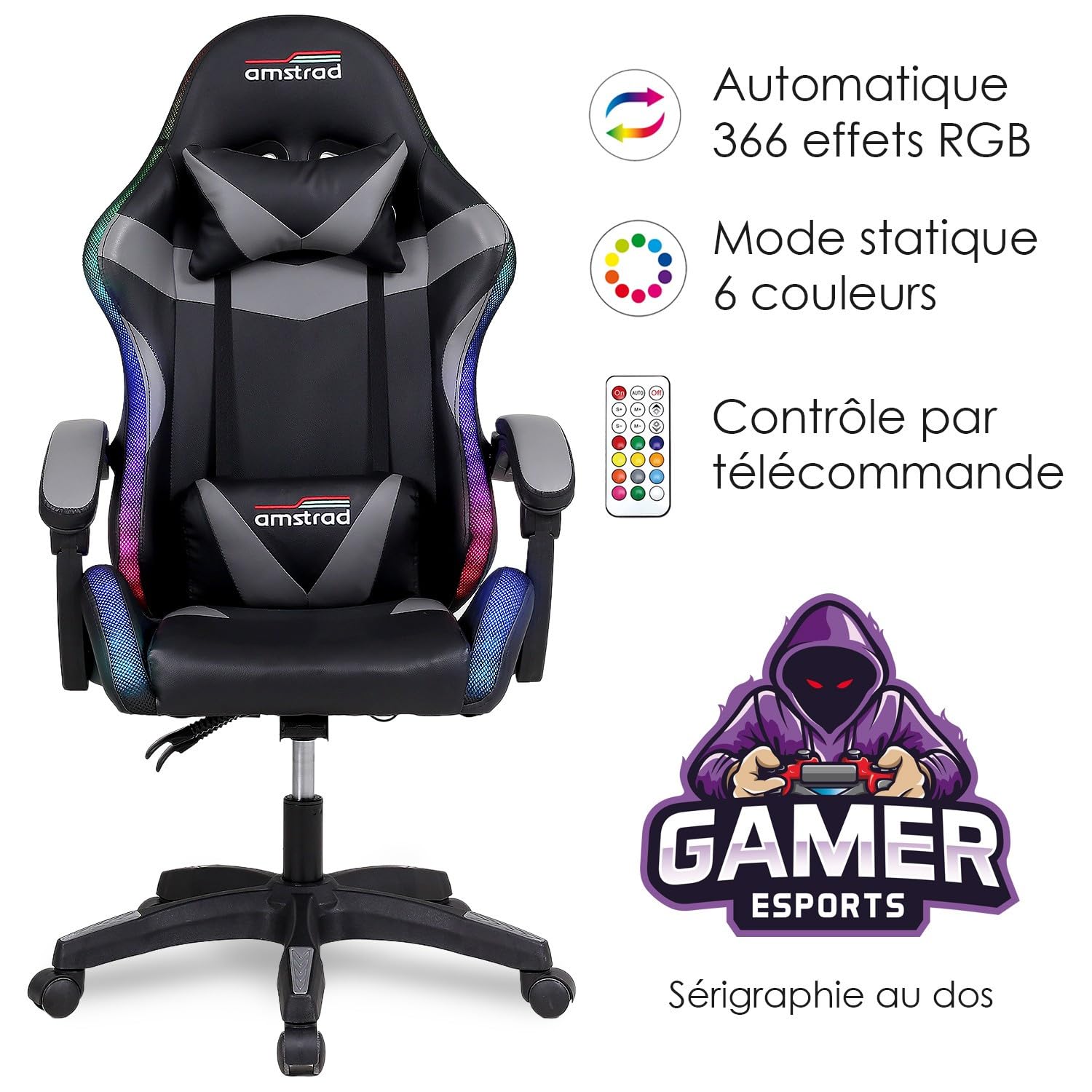 Amstrad AMS-900-LED-GAMER Chaise Gaming avec Eclairage LED 366 Modes Telecommande Incluse Coussin Lombaire et Appui-Tete Dossier Inclinable 150 degres Coloris Noir