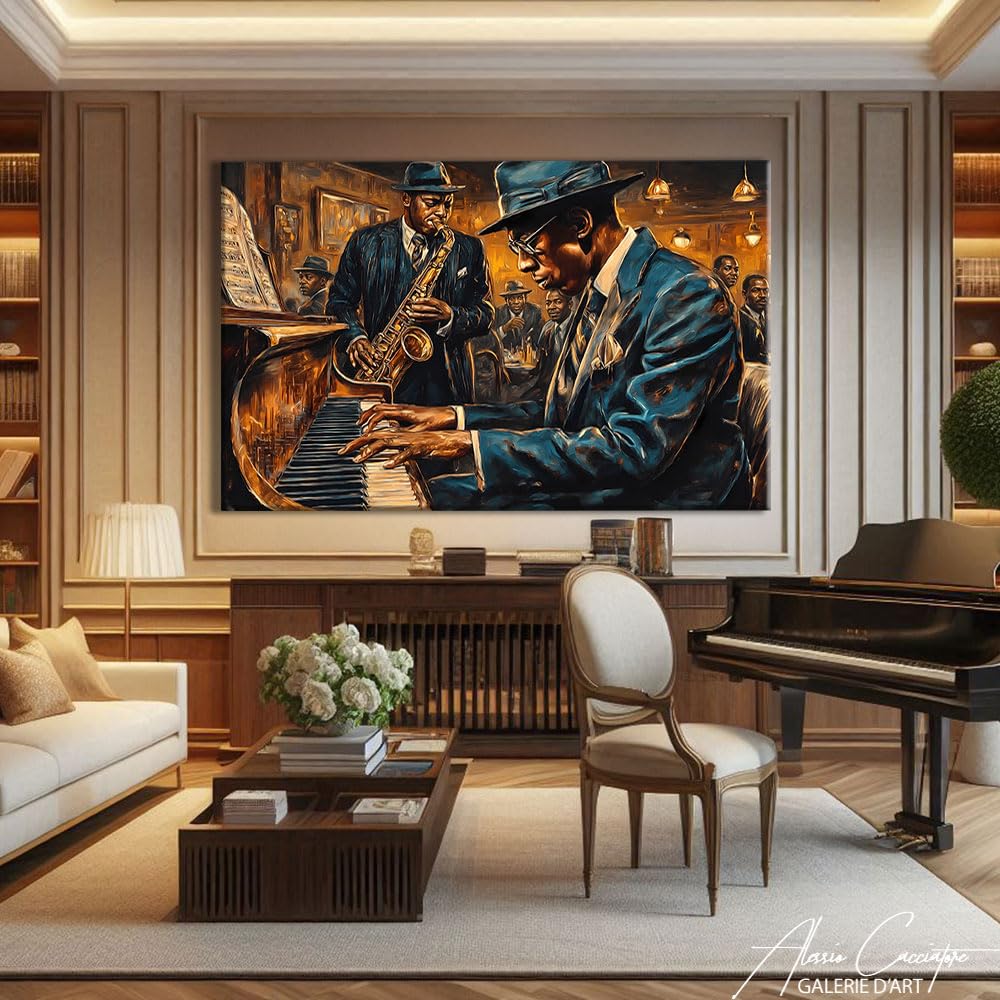 Alessio Cacciatore Quadro Jazzmann - Poster decorativo da parete musicale - Stampa su tela africana - Quadro sassofonista - Decorazione da parete bar - Tela moderna Design Soggiorno (60 x 40 cm)