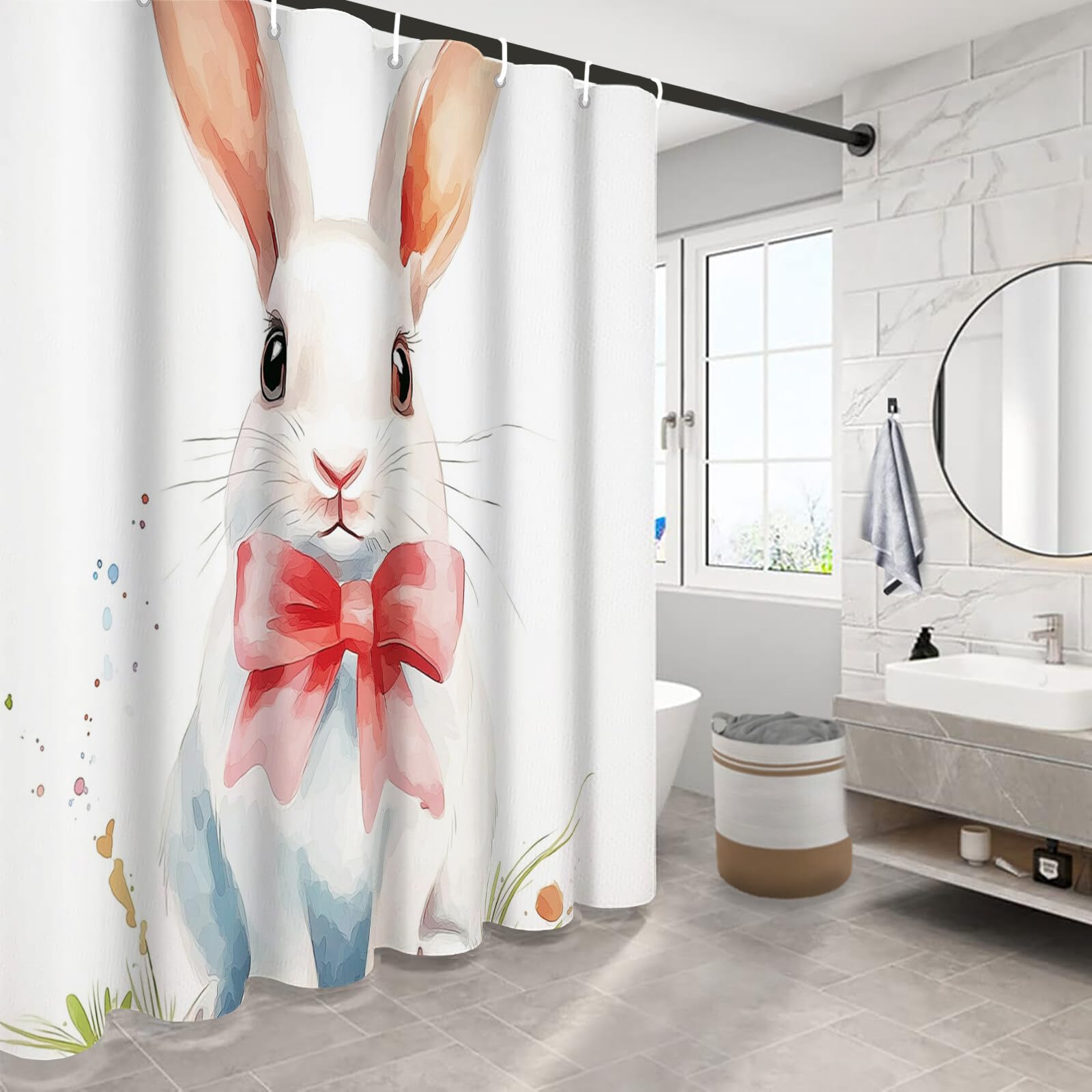 Rideau De Douche Lapin À Nœud Animaux À L'Aquarelle Tissu Imperméable Lavable avec Crochets Anti Moisissure en Polyester Rideau Douche pour Salle De Bain