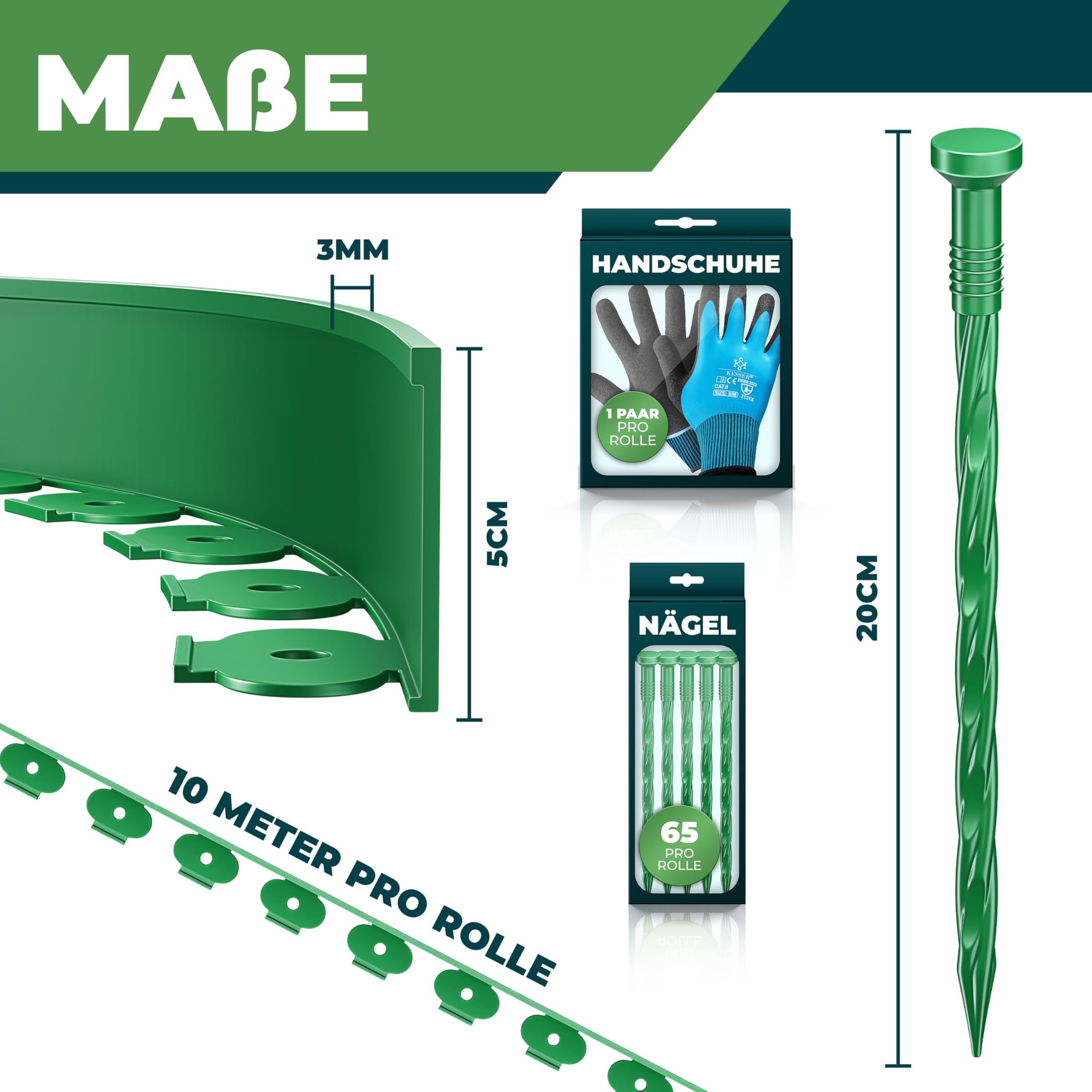 KESSER® Borde Flexible para césped de plástico, cercado de arriates, Borde de arriates, Borde de arriates, Borde de césped, Inlc. Guantes, 50 m x 5 cm, Verde