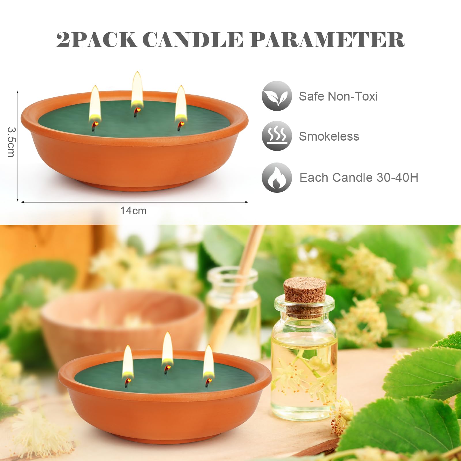 Candela alla citronella per esterni, 2 Candele Citronella Esterno, realizzate con olio di citronella e cera di soia naturale – Ideali per giardino, balcone, patio e campeggio, 14,5 Cm ø