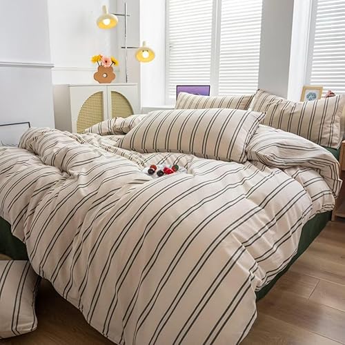 Miniatura 3 de Mucalis Juego de funda de edredón beige tamaño King con rayas verdes, 100% algodón lavado, moderno juego de ropa de cama de 3 piezas con cierre de