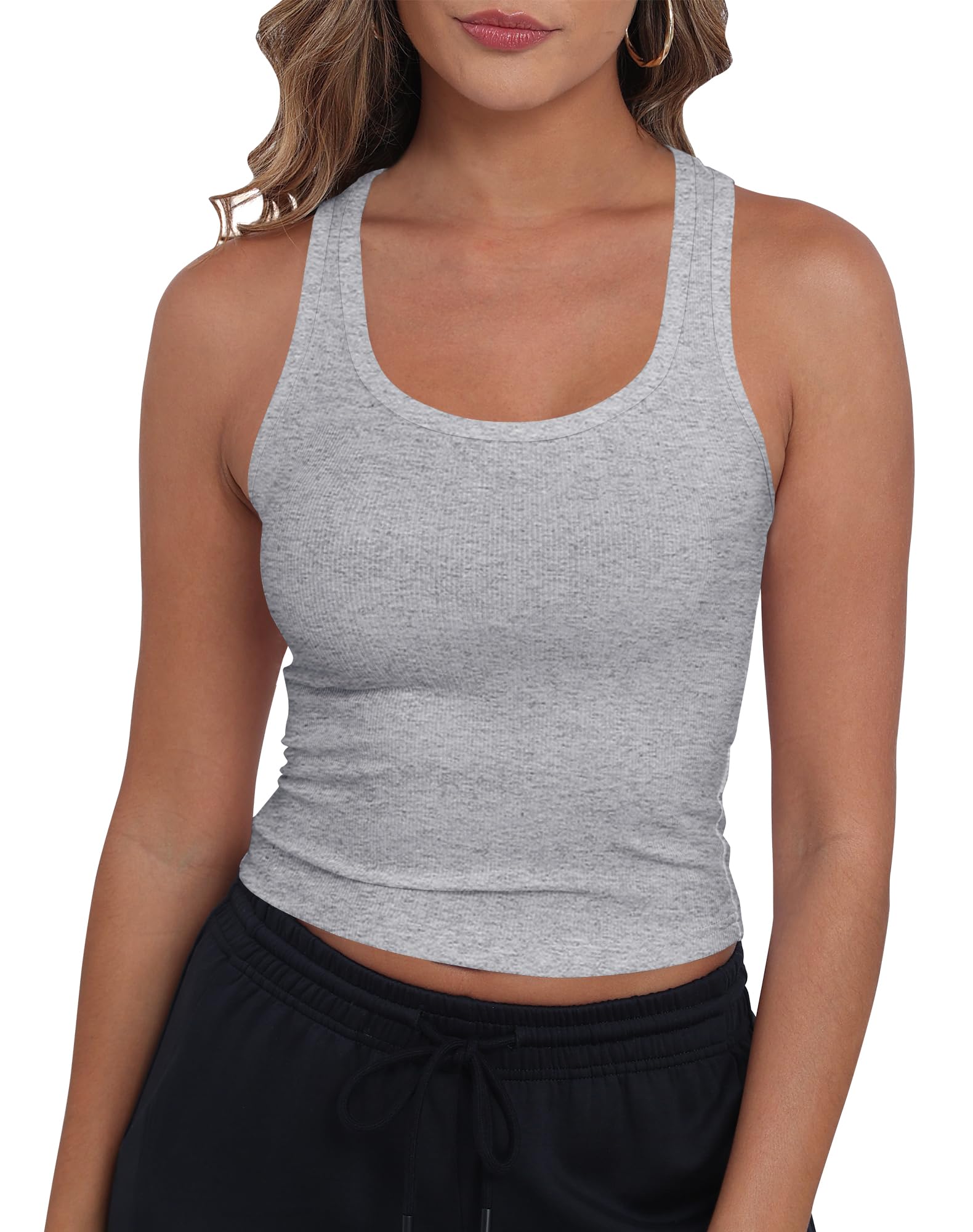 GEMBERA Women Sleeveless Scoop Neck Racerback Ribbed Knit Fitted Teen Basic Crop Tank Top Shirt