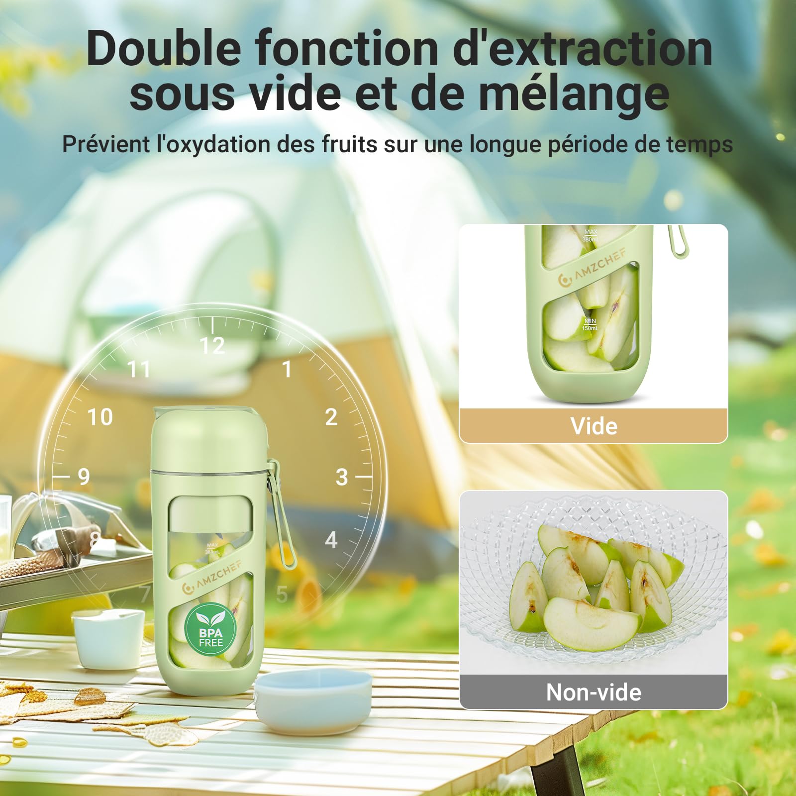 AMZCHEF Blender Portable - Mini Mixeur Sous Vide Pour Les Shake Et Les Smoothie - Forte Puissance De Coupe Avec 10 Lames, Sans BPA - Mixeur Portable Pour Le Sport, Les Voyages（Vert Herbe）
