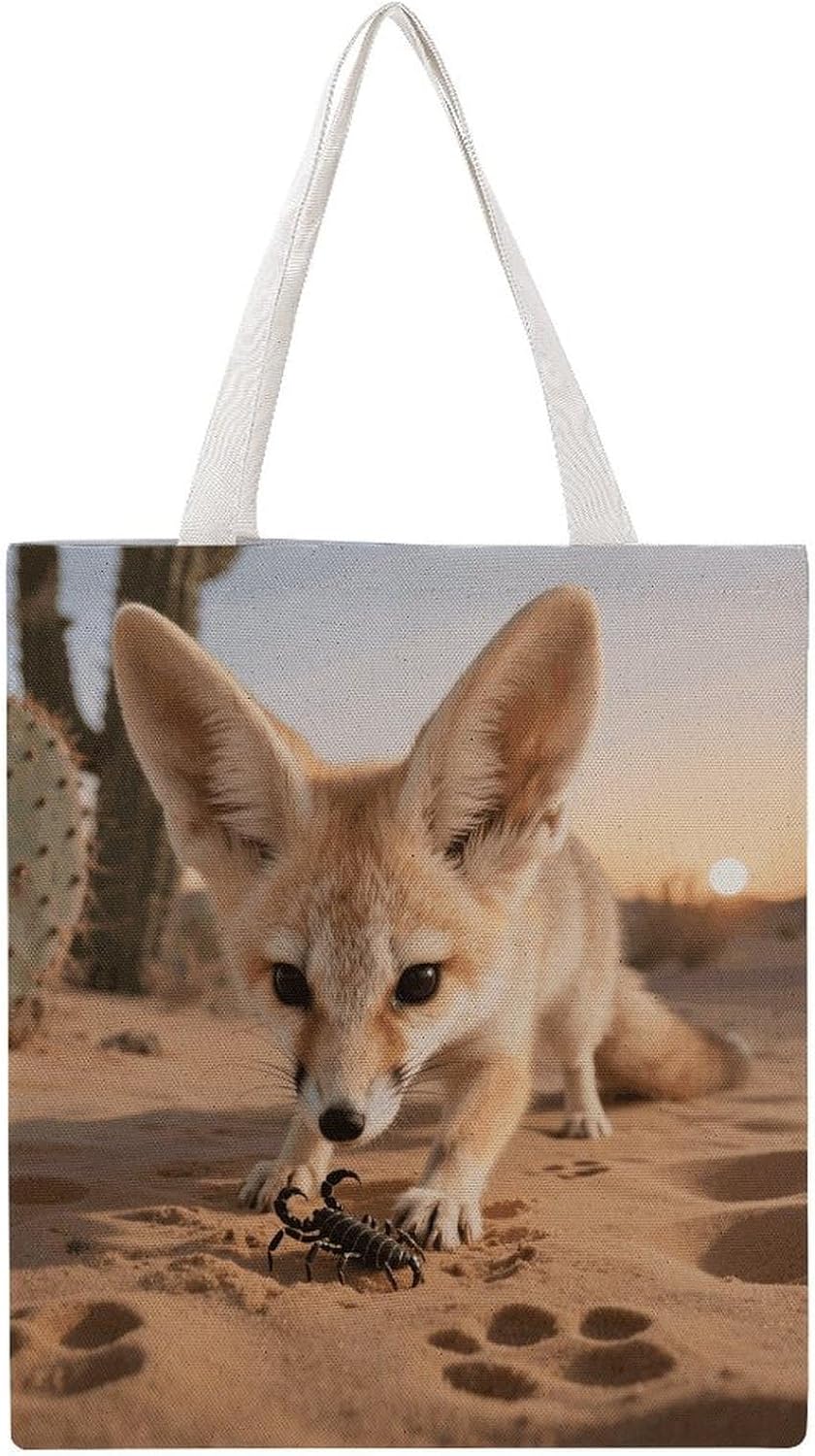 Canvas Tote Bag 16x15 In Lightweight Foldable Shoulder Hobo Purse | Fennec Fox Digging, Casual Tote with 10" Strap, Everyday Carryall, for Travel Work Grocery Shopping Beach Mark Gym Yoga