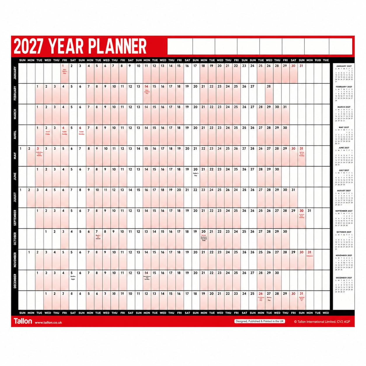 2027 Wall Planner A1 Large 85cm X 58cm Rolled With Stickers And Dry Wipe Pen/Folded/Desktop Month to View Planner (2027 A1 (85cm x 58cm) Sticker & Marker Rolled Planner)