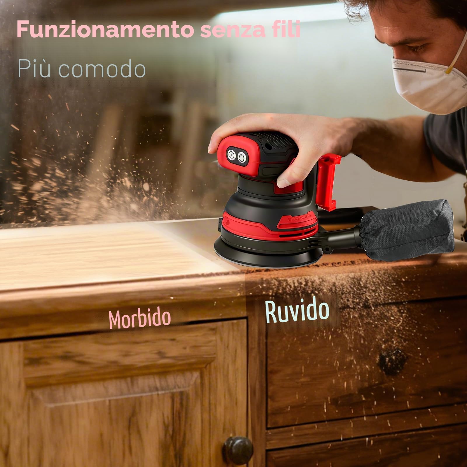 Levigatrice orbitale senza spazzole per Milwaukee M18 a batteria da 18 V, levigatrice eccentrica a batteria da 125 mm, con 20 fogli di carta vetrata da 125 mm, rotazione a 3 velocità, 8 fori