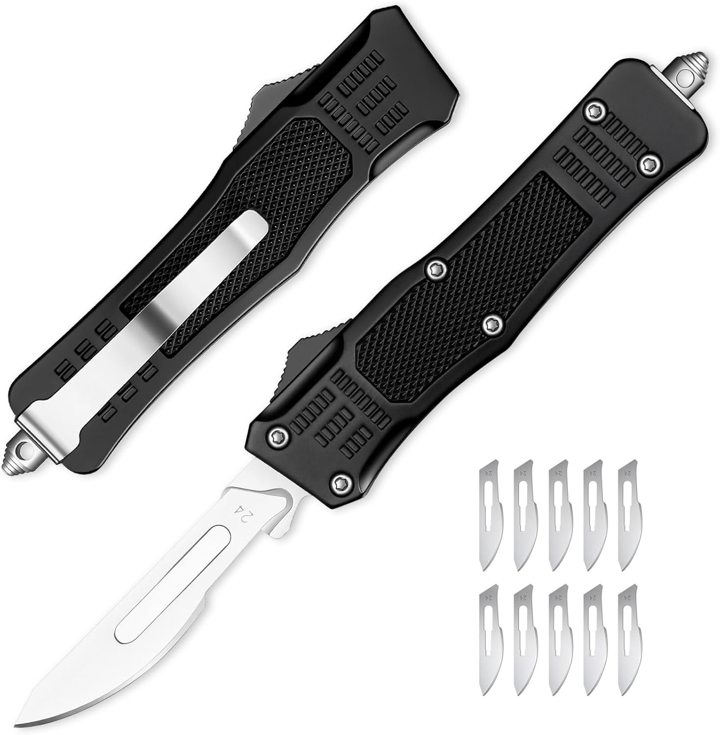 Automatic Utility Knife,All Metal EDC Scalpel Knife,Fast Open Box Cutter,Safety Auto Push Button,Quick Change Retractable,10PCS #23 Blades Replacement,Black
