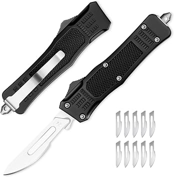 Automatic Utility Knife,All Metal EDC Scalpel Knife,Fast Open Box Cutter,Safety Auto Push Button,Quick Change Retractable,10PCS #23 Blades Replacement,Black