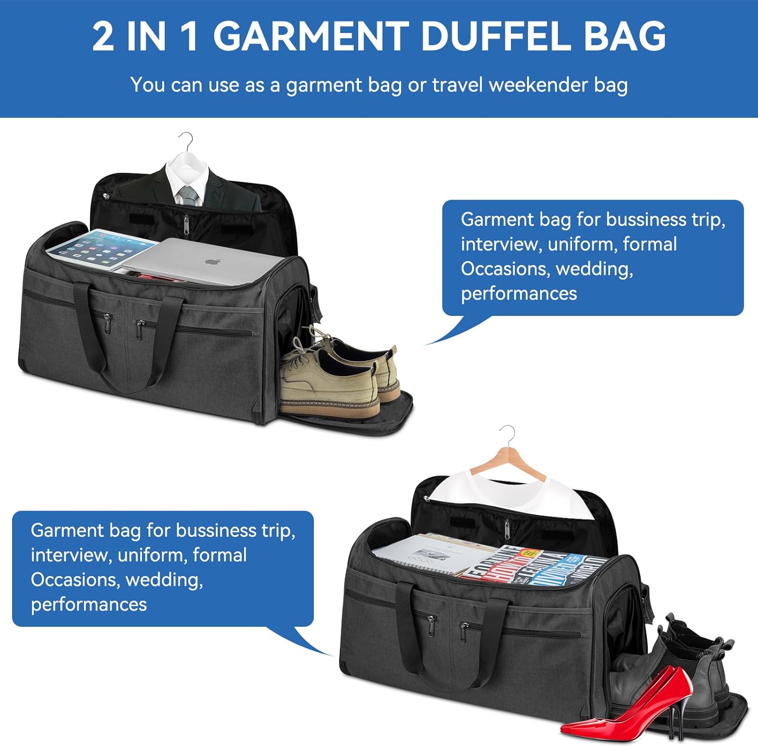 Garment Duffle Bags for Travel, Bukere Convertible Carry on Garment Duffel Bag for Men Women, Shoe Compartment, 2 in 1 Hanging Dress Suitcase Suit Travel Bags, Midnight Grey - Image 7