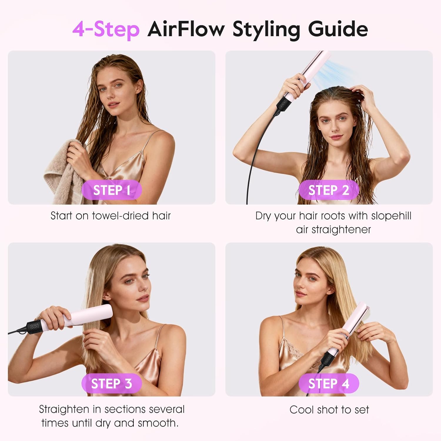 slopehill Hair Straightener & Multi Hair Stylers - 2 in 1 Wet to Dry Air Hair Straightener and Hair Dryer Combo with High Speed Airflow, 200M Negative Ions & Ceramic Plates for Less Frizz, Rapid Heat-Up Flat Iron, 15 Modes(Pink) - Image 8