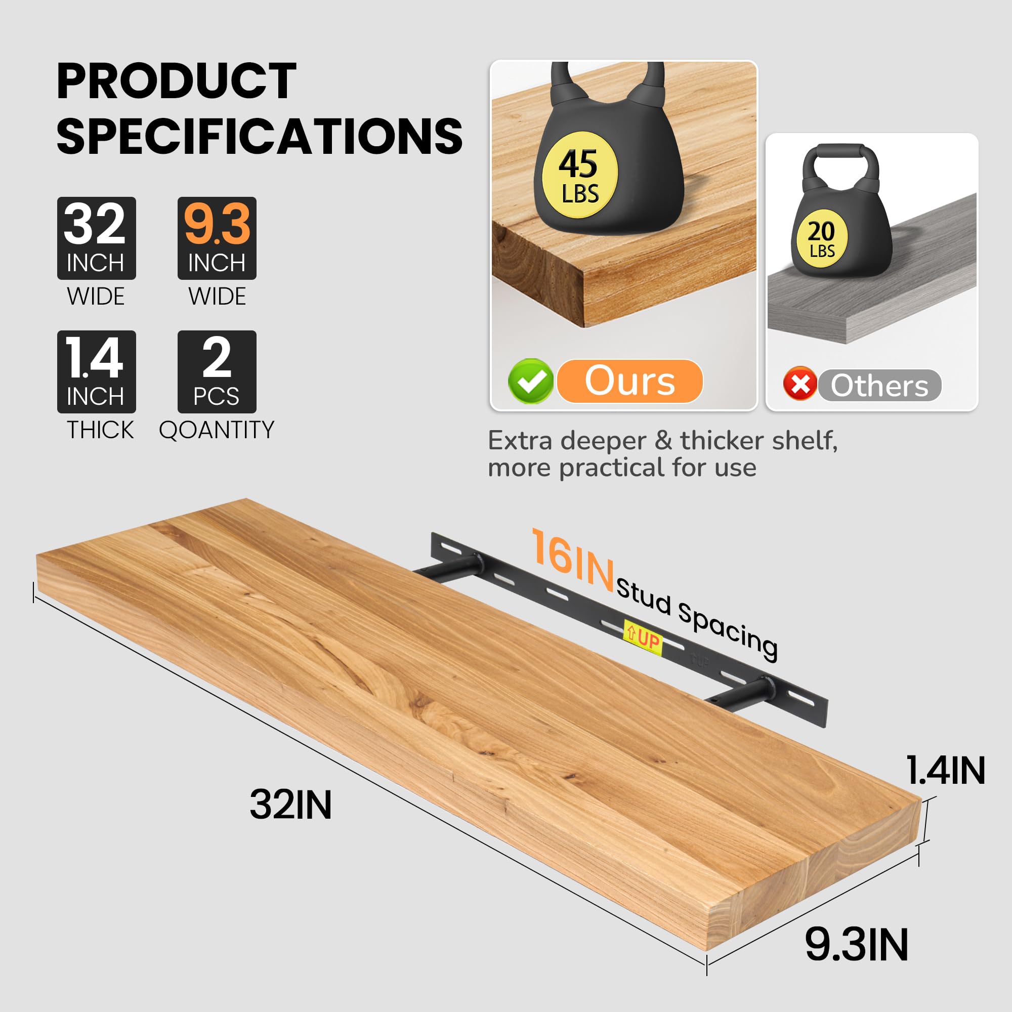 Estantes flotantes para pared, 32 pulgadas de ancho x 9.3 pulgadas de profundidad x 1.5 pulgadas de alto, estantes de pared de madera de olmo maciza, juego de 2 con soporte de metal invisible