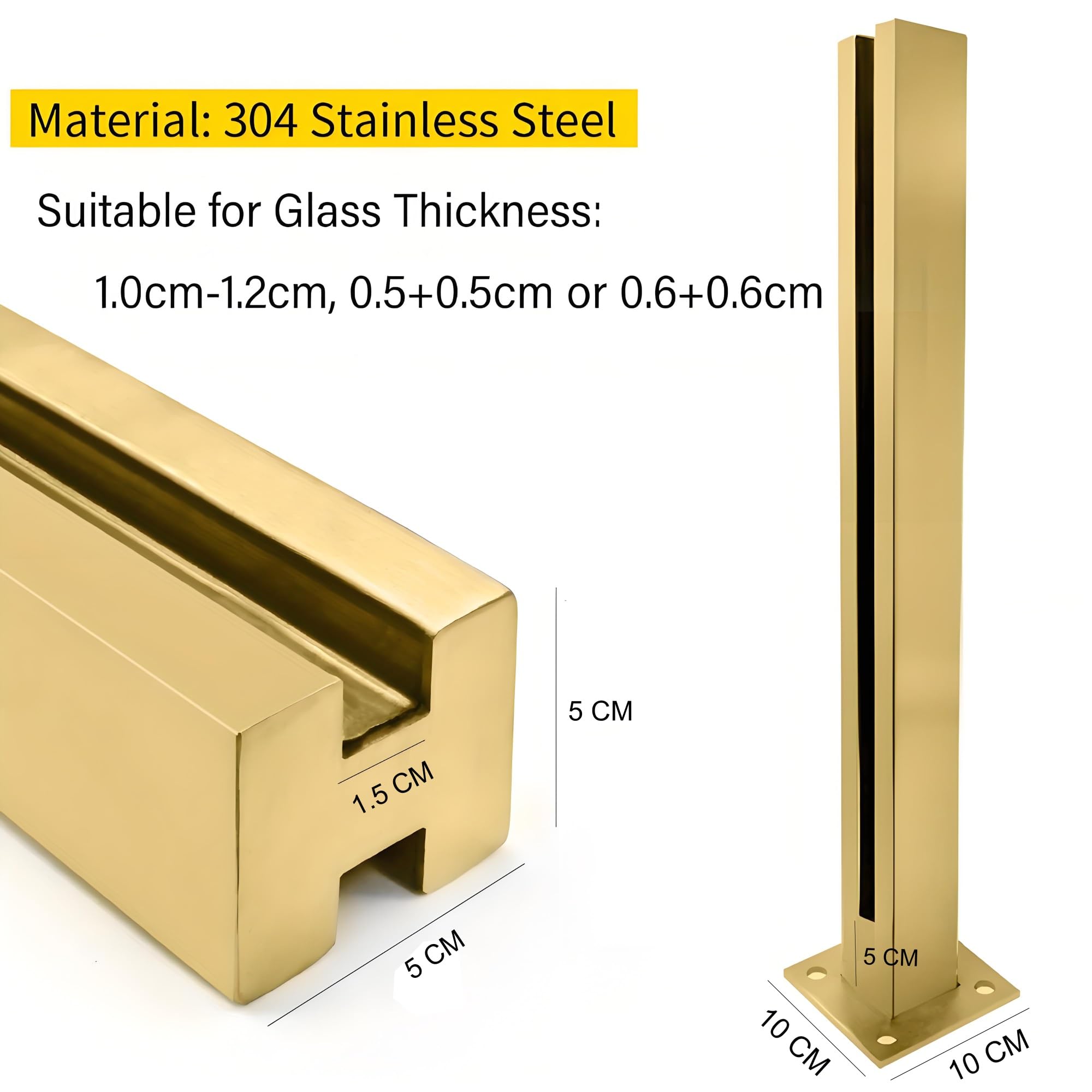 Zestaw szklanych balustrad do wnętrz/na zewnątrz, stal nierdzewna, 304, słupki z akcesoriami, wysokość 100 cm, eleganckie złote wykończenie, idealne na tarasy i patio