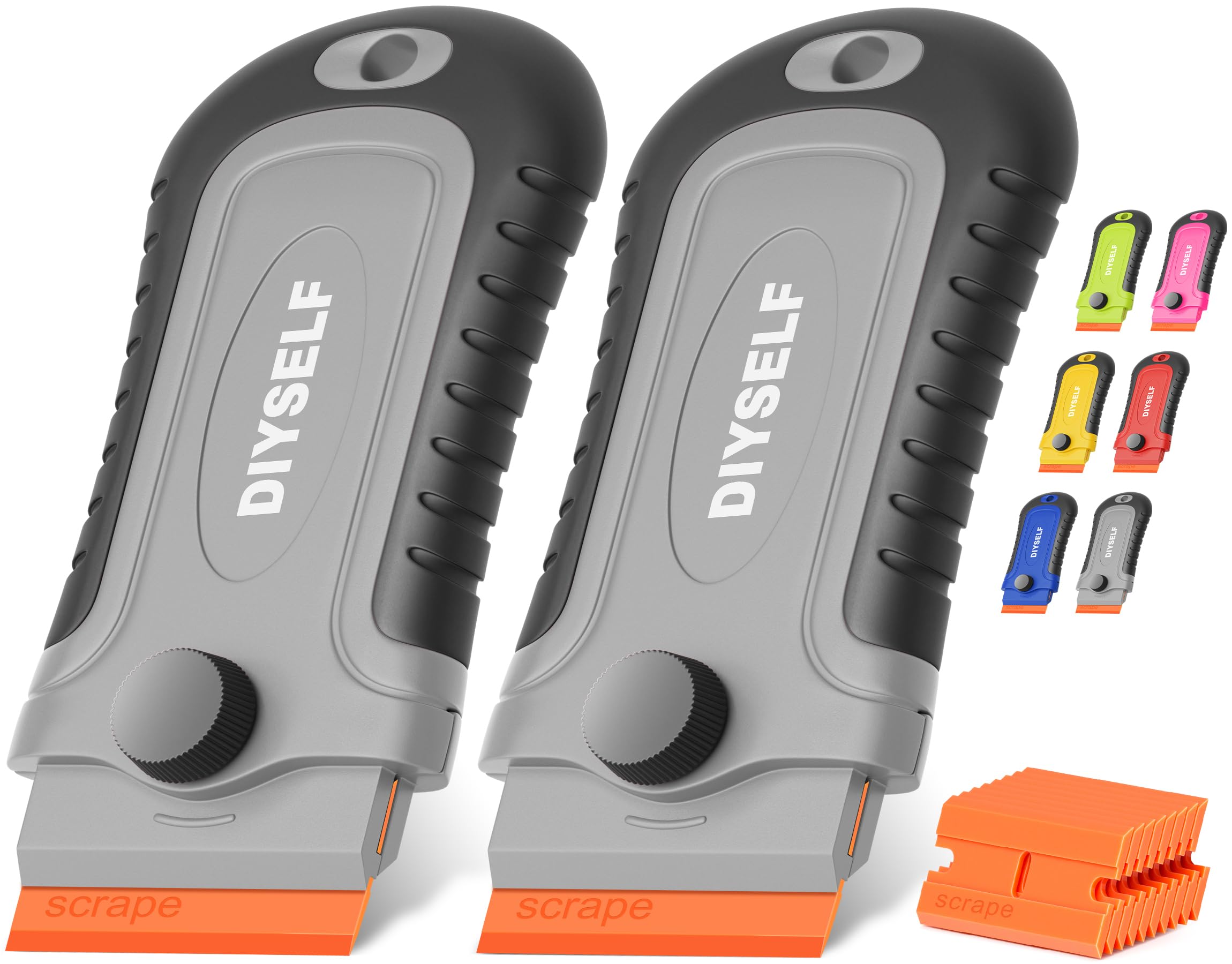 DIYSELF 2PCS Plastic Scrapers with 10 Refills – Hob & Glass Cleaner, Sticker Remover for Car and Kitchen (Grey)