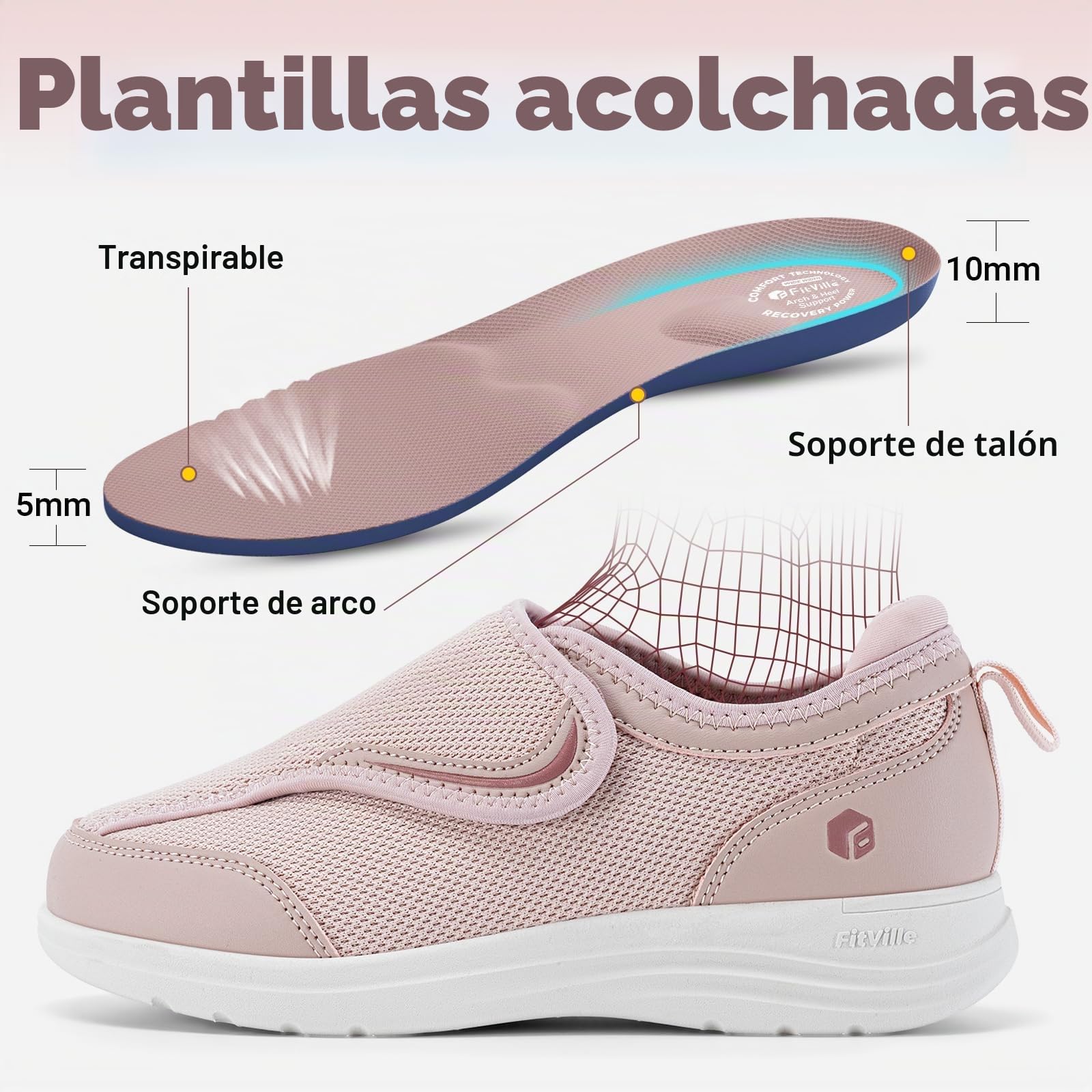 FitVille Zapatillas Casual Mujer Extra Anchas Ajustables Zapatos Rehabilitación Antideslizante para Caminar Transpirables Zapatillas de Casa