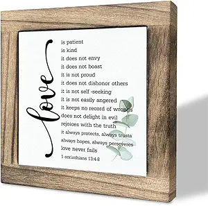 Bible Verse Corinthians 13:4-8 Box Sign, Love Never Fails, Wooden Plaque Gift Tabletop, Rustic Love Sign, Wood Block Plaque for Anniversary, Religious Home Decor, Gift for Couple, Wedding Gift