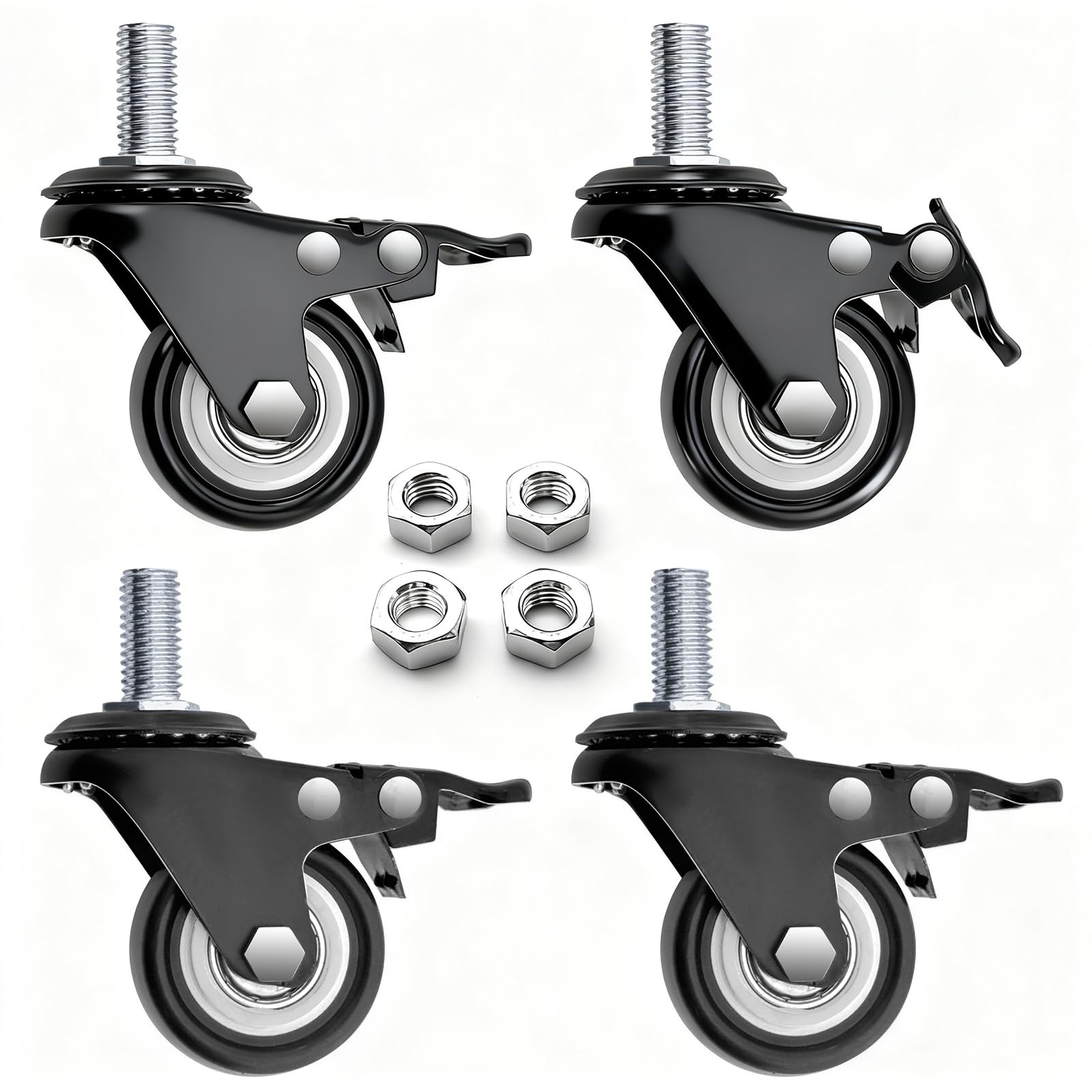2'' Caster Wheels, Swivel Stem Casters (M12x25mm) 440Lbs Heavy Duty Threaded Casters No Noise PU Dual Locking Castors with Brake for Furniture, Carts