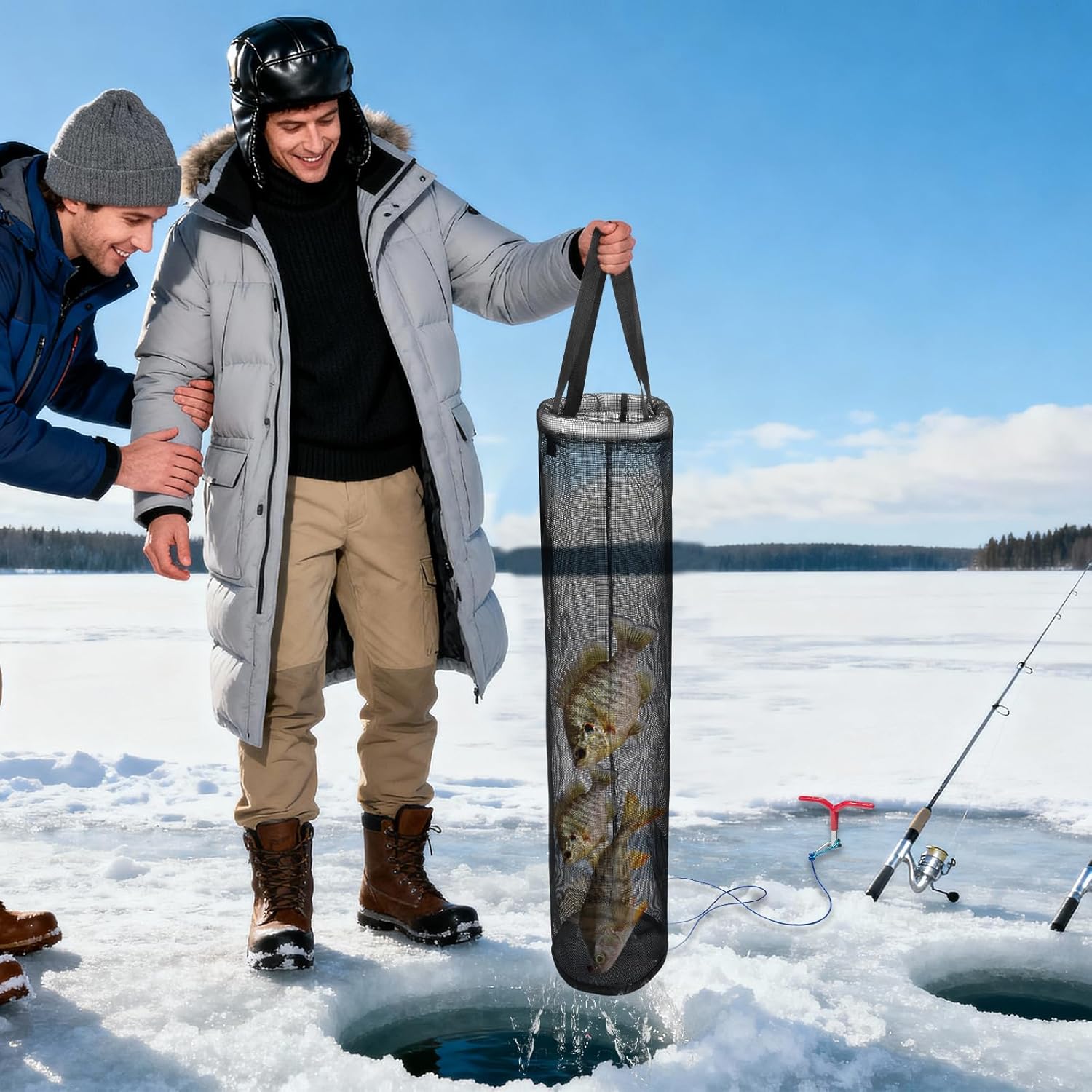 QualyQualy 2-Pack Ice Fishing Live Well, Floating Fish Basket for Live Fish Bait Bucket, Foldable Rubber Coated Fish Bag for Live Caught & Minnow Bucket| Fits All Ice Holes, Carabiner Included