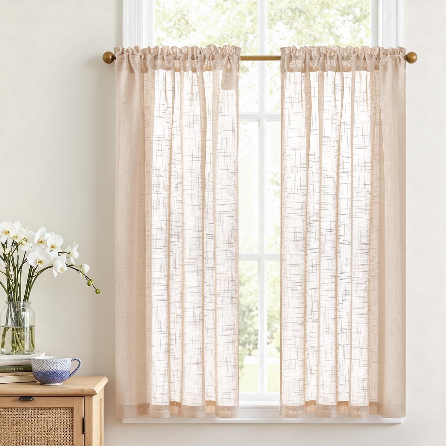 VANGAO Voile Scheibengardine Transparente Bistrogardine Sheer Unifarbige Tunnelzug Küchenvorhang