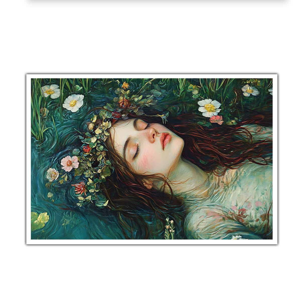 CHERHERART Dreamy Green Leaf Floral Canvas Wall Art Modern Canvas Prints Posters for Bedroom Woman Sleeping with Flower Crown Picture Artwork 55x85cm Frameless