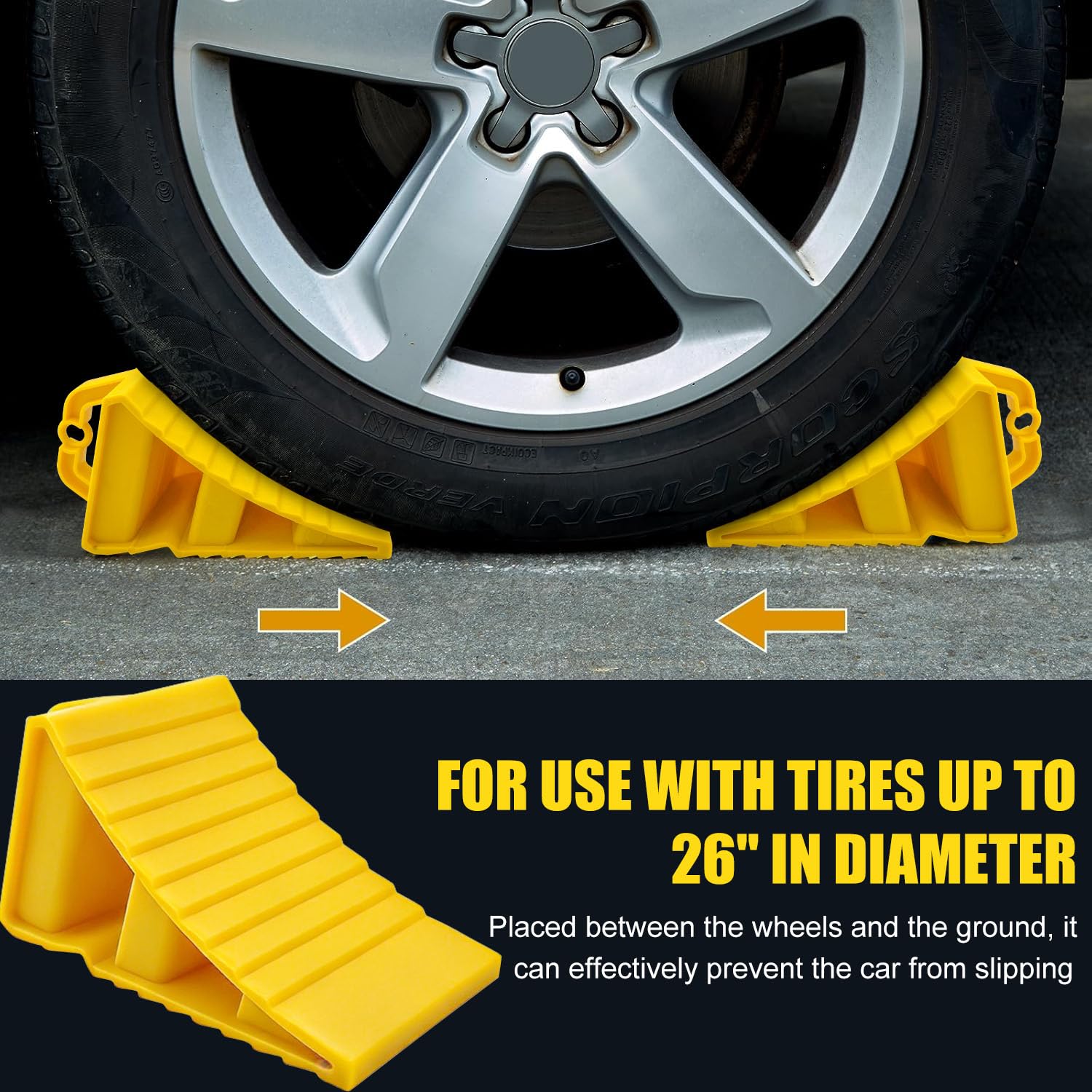 Cunei, 2 pezzi con impugnatura, cunei frenanti per camion, auto, rimorchio, roulotte, camper, con 20 adesivi riflettenti
