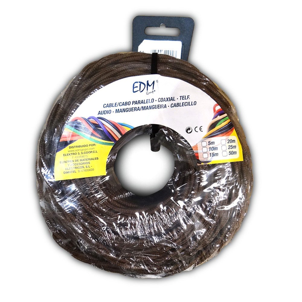 eDM 11994 Cable Paralelo Textil Trenzado, Marrón, 2 x 1.5 mm x 25 m