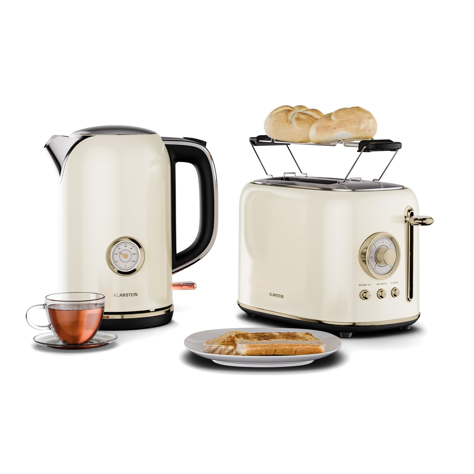 Klarstein Victoria Essential Breakfast Set - Retro 2 Slice Toaster with 7 Browning Levels, Bun Holder, Removable Crumb Tray, 1.7L Electric Kettle with Limescale Filter, Automatic Shut-Off, Cream — image 1