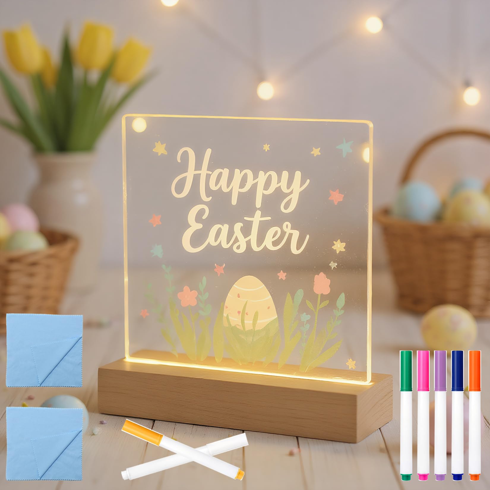 FRELWIM 5.9 x 5.9 Inch Warm LED Message Memo Note Board with Colors, Clear Acrylic Desktop Light Up Dry Erase Drawing Writing Board with Stand