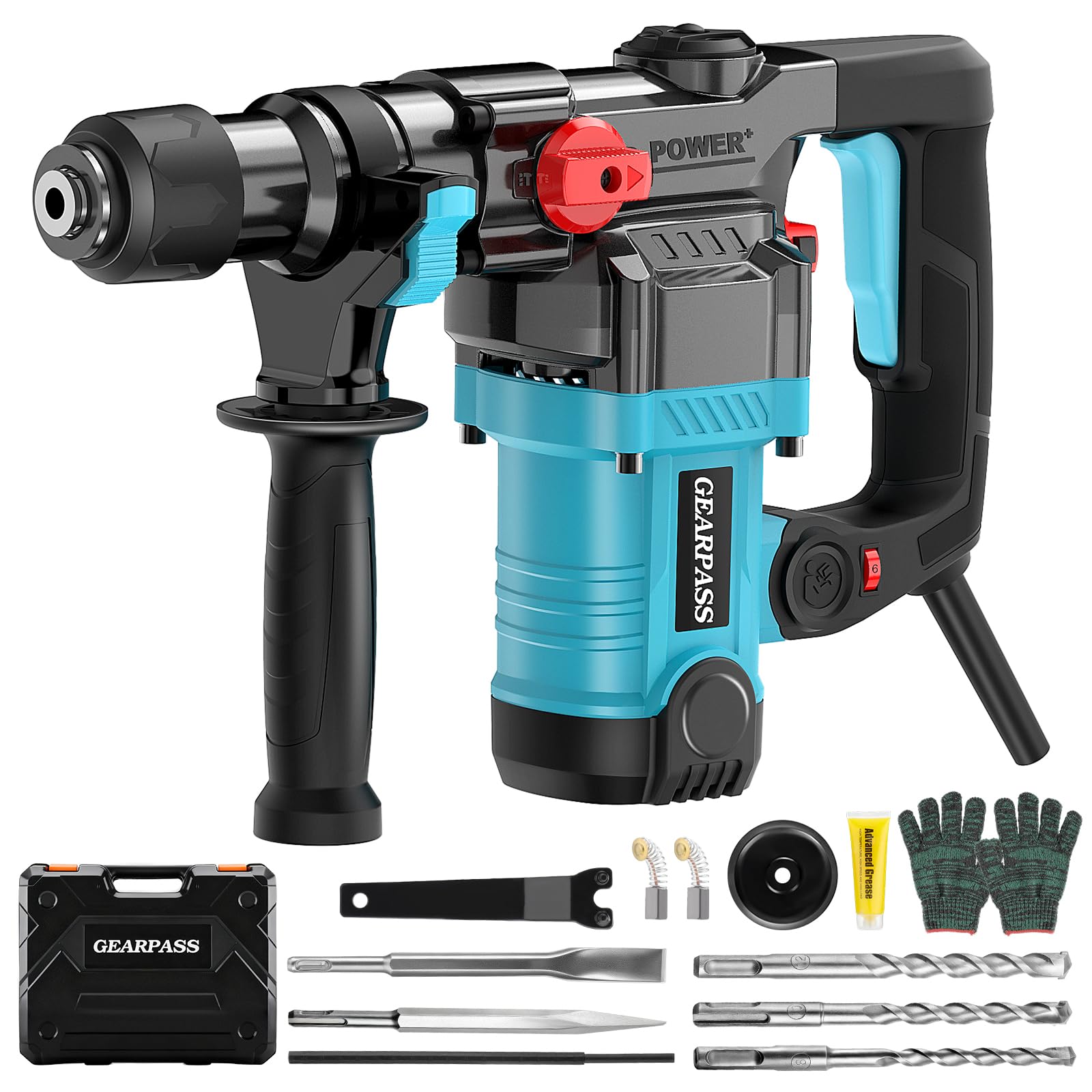 GEARPASS Hammer Drill, 1500W Heavy Duty Electric Rotary Hammer Drill, 3 in 1 Function with Safety Clutch, 360° Auxiliary Handle, for Concrete, Masonry, Brick, Drill Bits, Flat/Point Chisels Included
