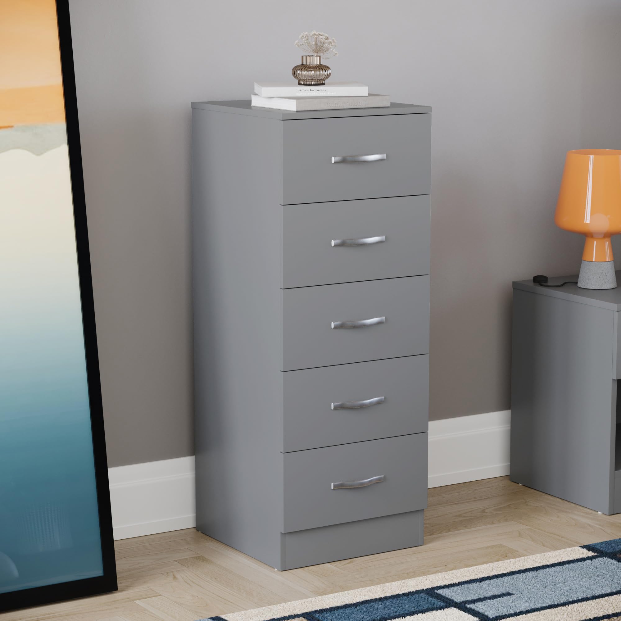 Vida Designs 5 Drawer Narrow Chest Tall Bedroom Storage Unit Sliding Drawers Bedroom Furniture (Grey)
