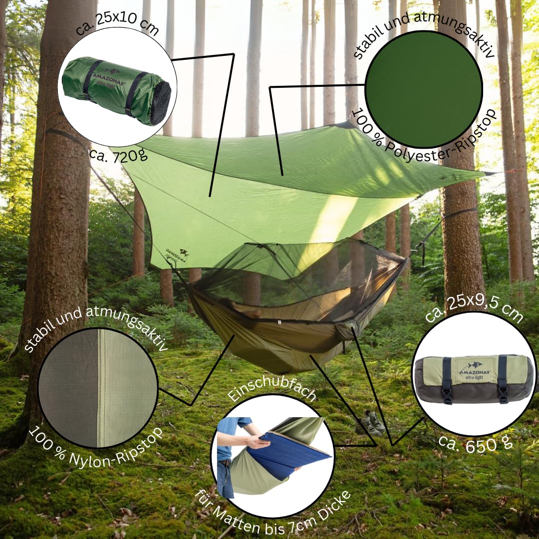 AMAZONAS Ultra-Light Winter Set: All-in-One Hängematte + Aufhängungen + Tarp + Underquilt-Poncho mit Isomattenfach für Ultimatives Outdoor-Erlebnis