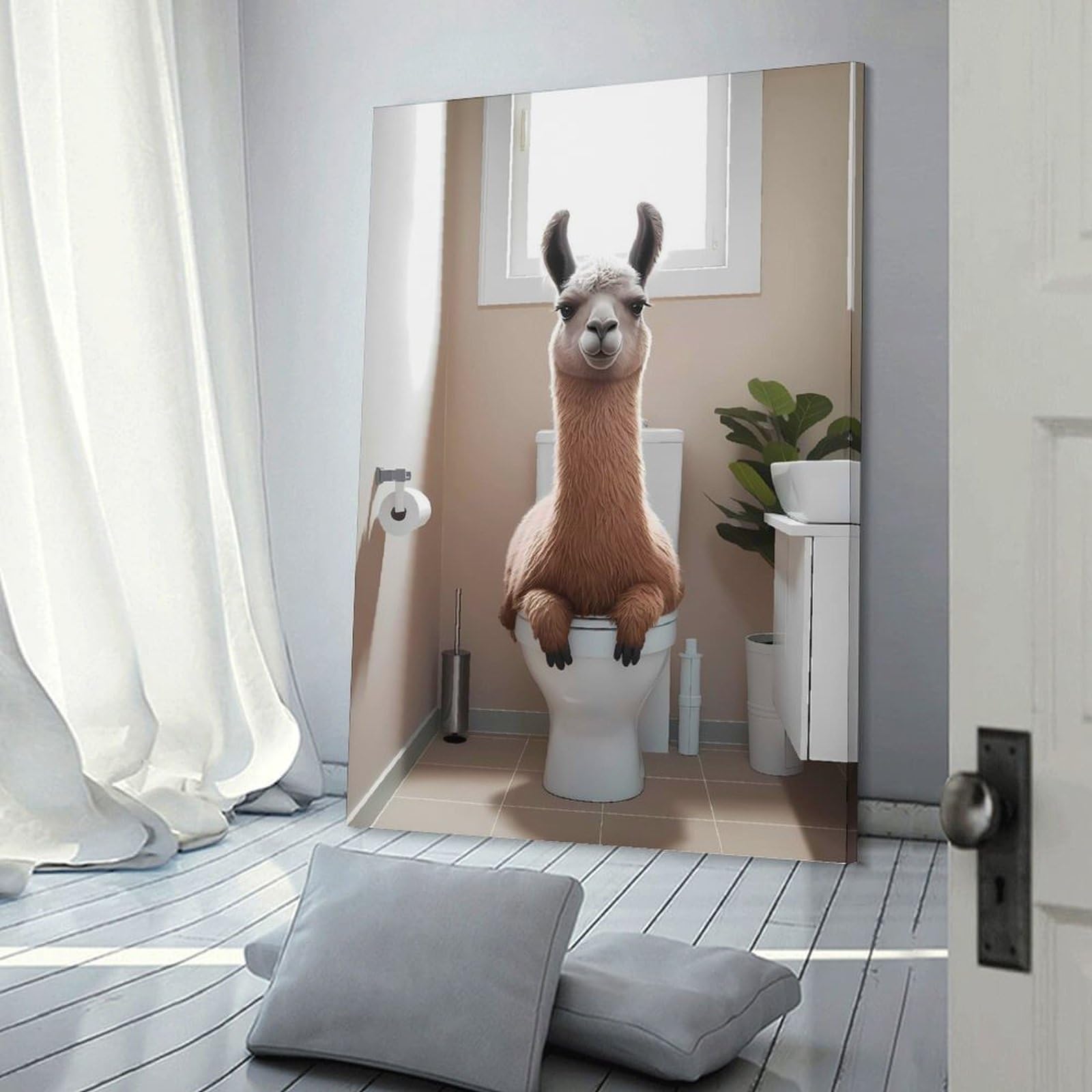 Junmoney Frame-Style-13 Llama On Toilet Bathroom Art Canvas Wall Art, 24X36inch(60X90cm), For Living Room, Bedroom Or Apartment Walls, Decorative Artwork For Empty Walls