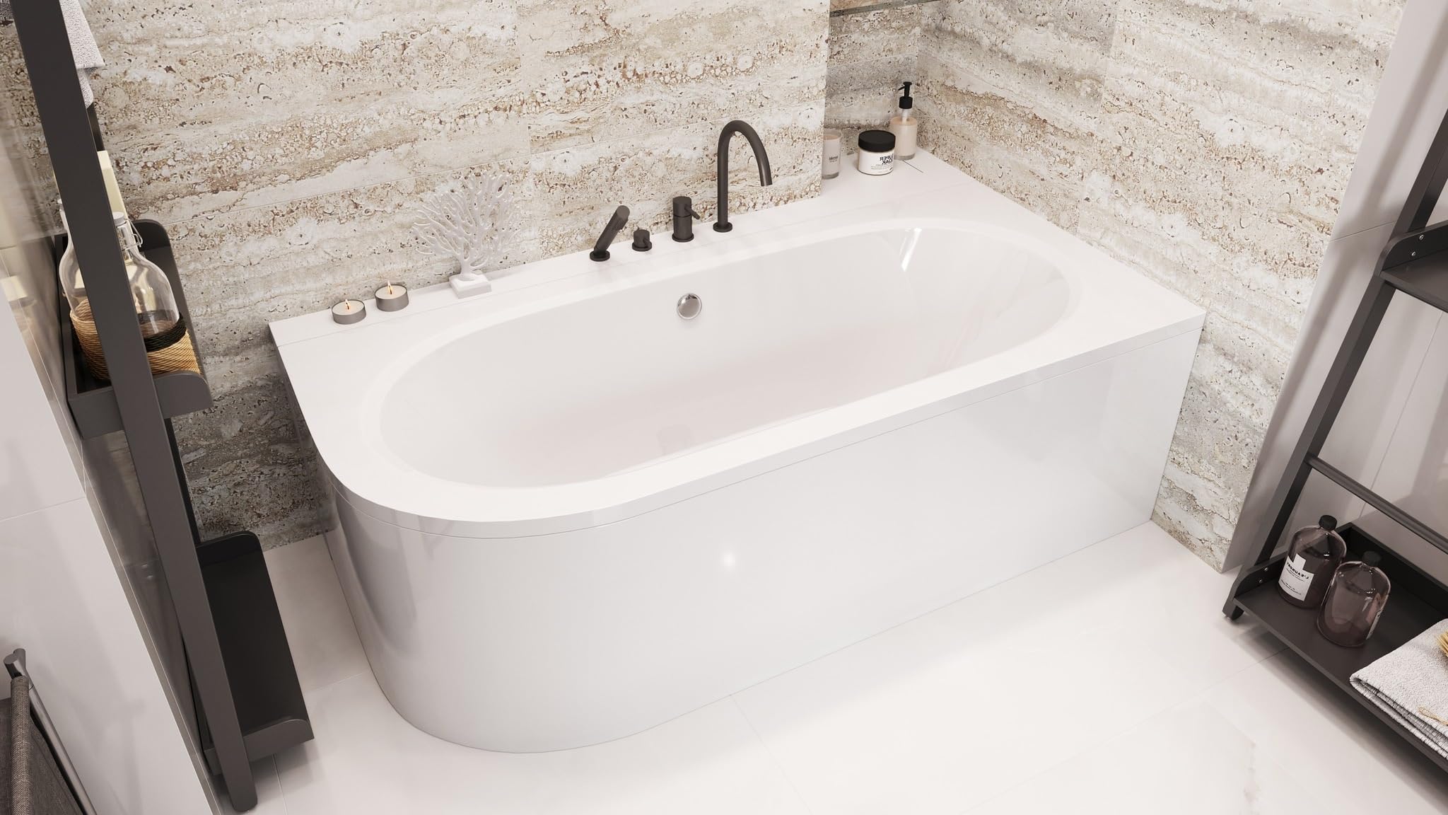 ECOLAM® Badewanne Avita 170x75 cm Schürze | Wanne für Zwei Personen | Eckwanne Modern Design | Eckbadewanne rechts + Ablaufgarnitur Ab- und Überlauf Automatik Füße + Silikon Komplett-Set Acryl weiß