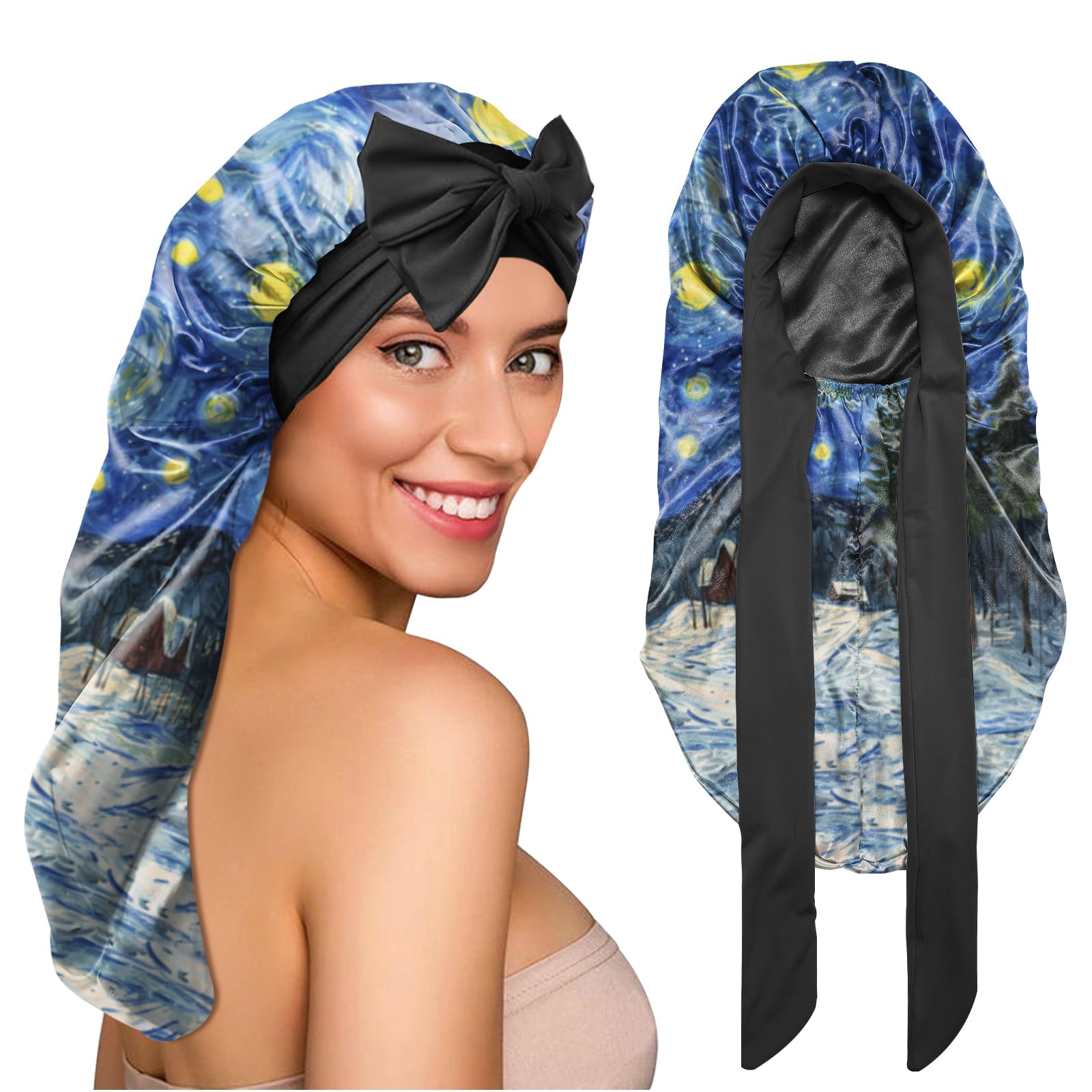 BHAHB Silk Long Satin Hair Bonnet for Sleeping Adjustable Double Layer Elastic Reusable Long Hair Caps Cute Women Girls (L22-Starry Night)