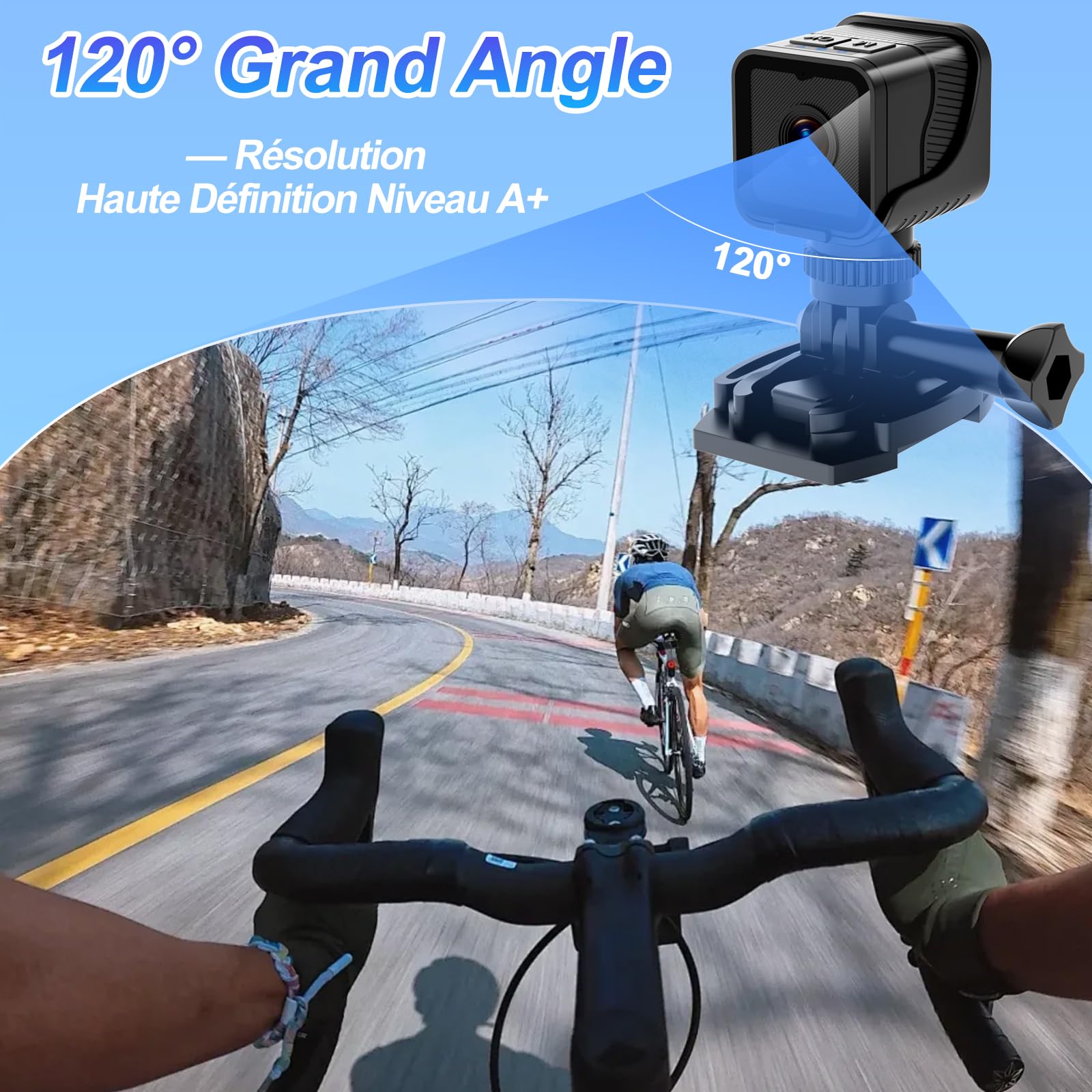 Camera Velo 1080P WiFi Grand Angle Mini Sport, Enregistrement en Boucle | Batterie 900mAh, charge en continu, résiste aux éclaboussures, supports inclus, webcam/dashcam