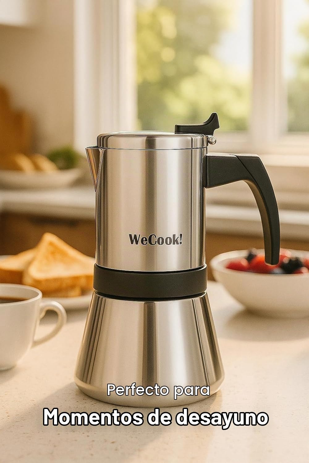 WECOOK! Cafetera Italiana Inox 18/10 Inducción, Plateado-Black, 9 tazas | Acero inox 18/10, compatible gas, vitrocerámica y eléctrica, mango baquelita Soft-Touch, válvula níquel, cuchara medidora