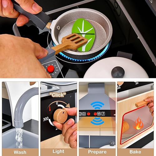 Miniatura 4 de HONEY JOY Juego de cocina para niños, cocina modular de madera de 2 piezas para niños pequeños y refrigerador con máquina de hielo, campana