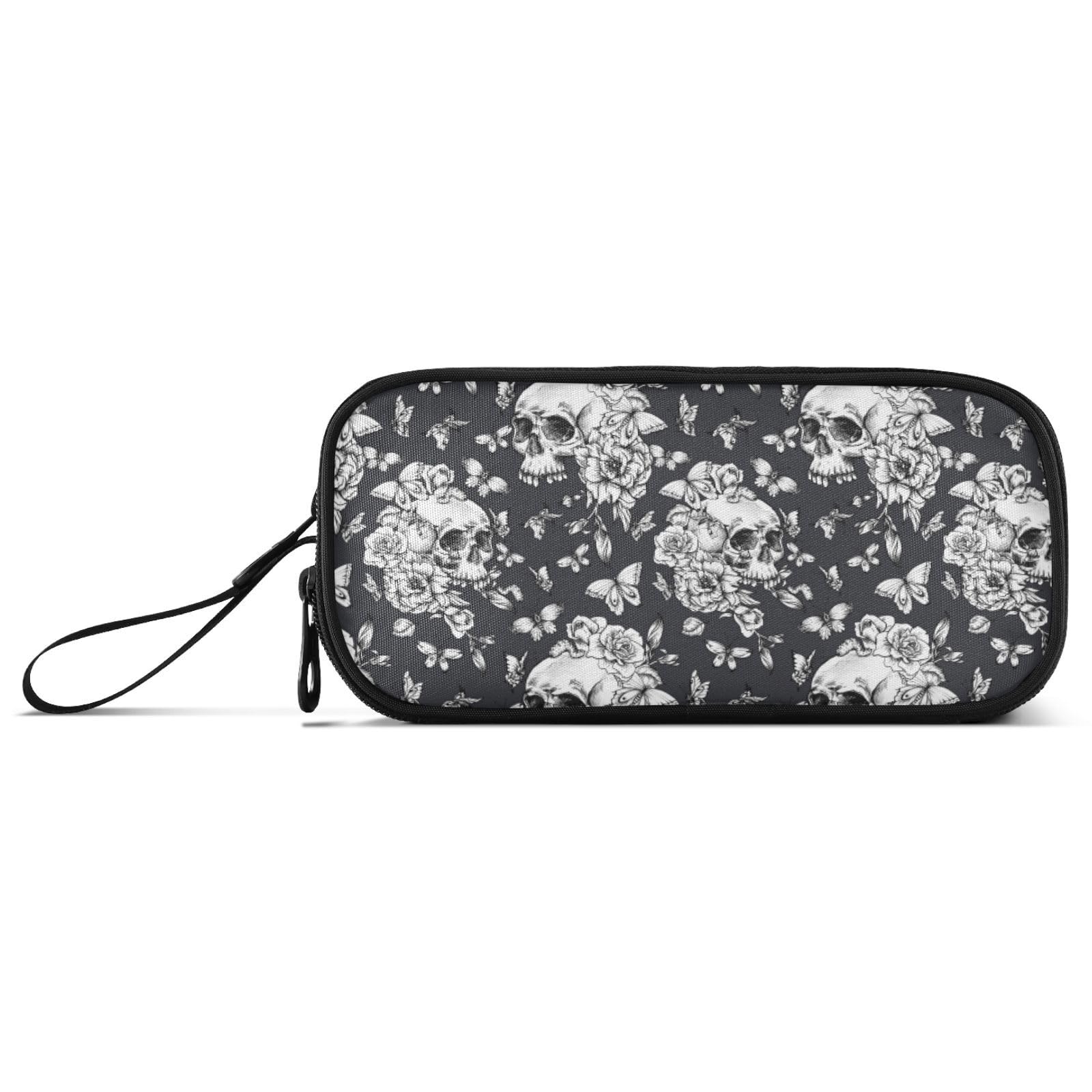 Large Pencil Case, Big Capacity Pencil Bag Pen Pouch Holder 3 Compartments, Vintage Goth Skull Flowers School Office Supplies Stationery Makeup Bag Storage Organizer for Students Girls Boys Women Men