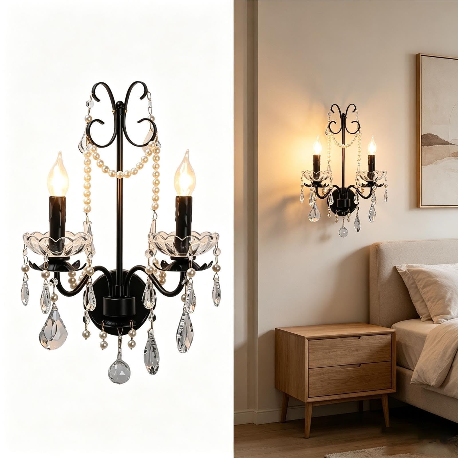 Aplique de Pared Vintage 2 Luces Perlas Artificiales Cristal Hierro