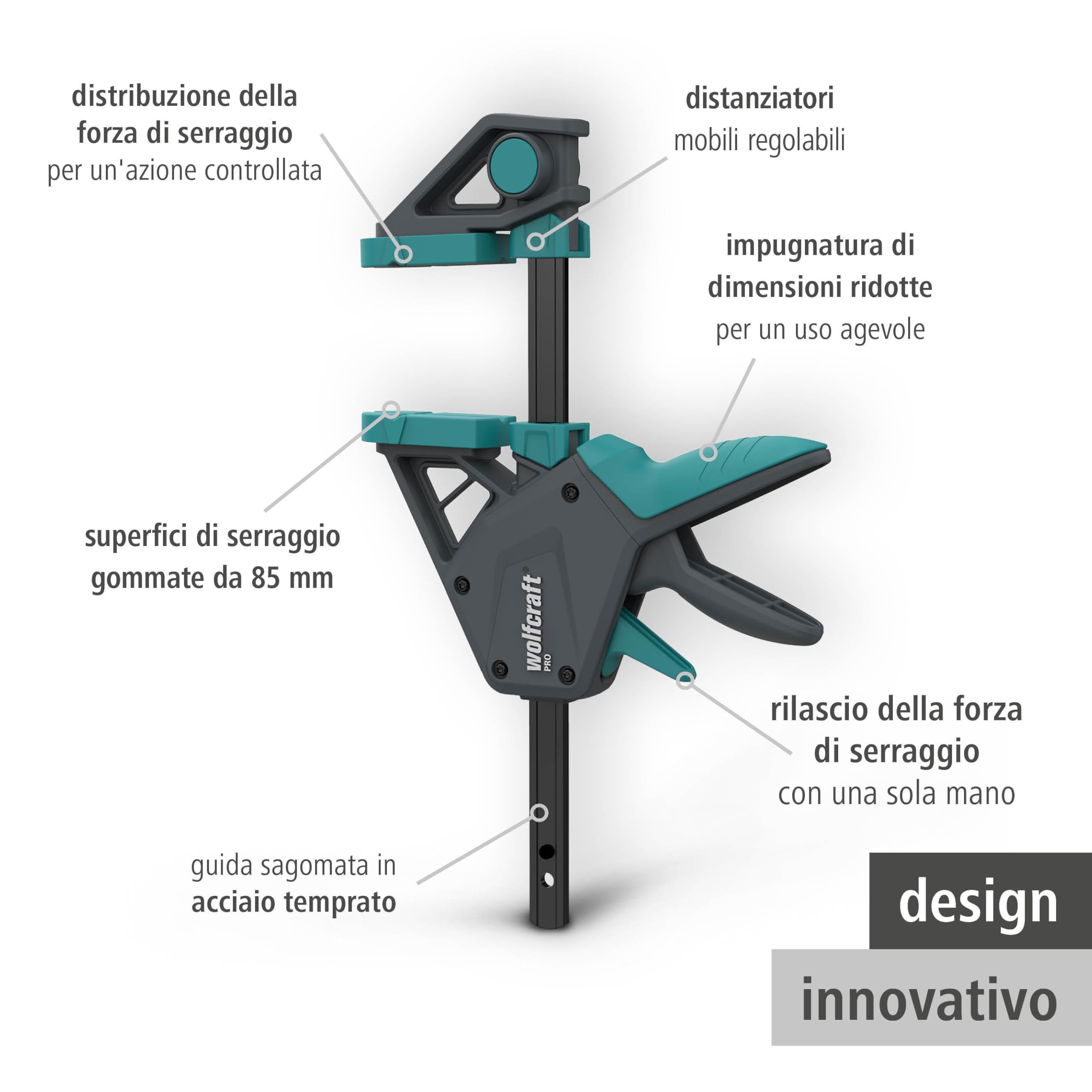 wolfcraft Set 3 Morsetti a Una Mano PRO XL, Apertura fino a 1060 mm, Forza di Serraggio 150 kg con Connettore Incluso – Made in Europe – 8673060