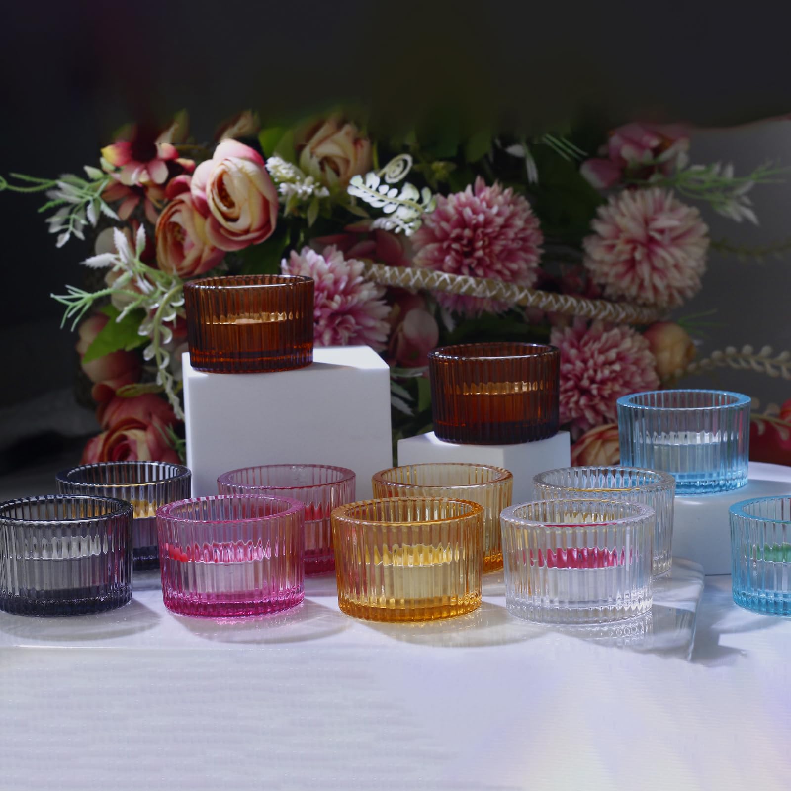 Tealight Candle Holder Set of 12, Glass Tea Light Candle Holders - Elegant Votive Candle Holders for Home Decor, Tea Light Candle Holder Set with Colored Tealights