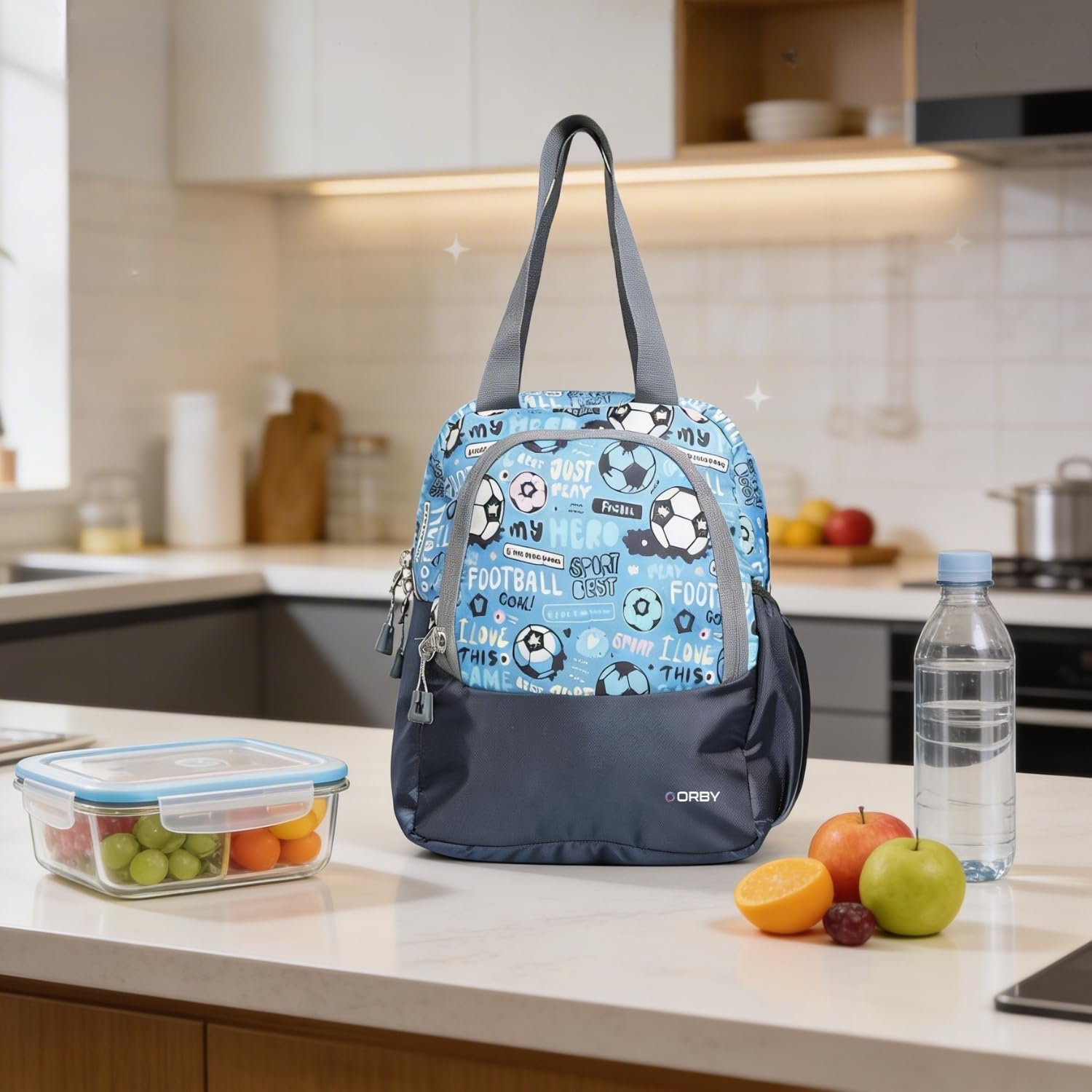 ORBY Lunch Bag Football Game Navy Blue | Water-Repellent Durable Fabric | Tiffin Bag with Bottle Holder & Front Pocket | Strong Zipper & Spacious Meal Storage (Football Pattern, Navy Blue)-image-5