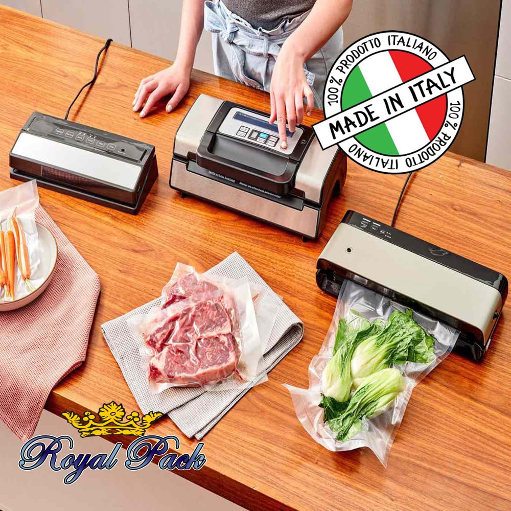 Royal Pack TOPQUALITY buste sottovuoto goffrate da un lato e lisce dall'altro. Universali, alta qualità, alto spessore. Confezioni da 25, 50 e 100 sacchetti. Made in Italy