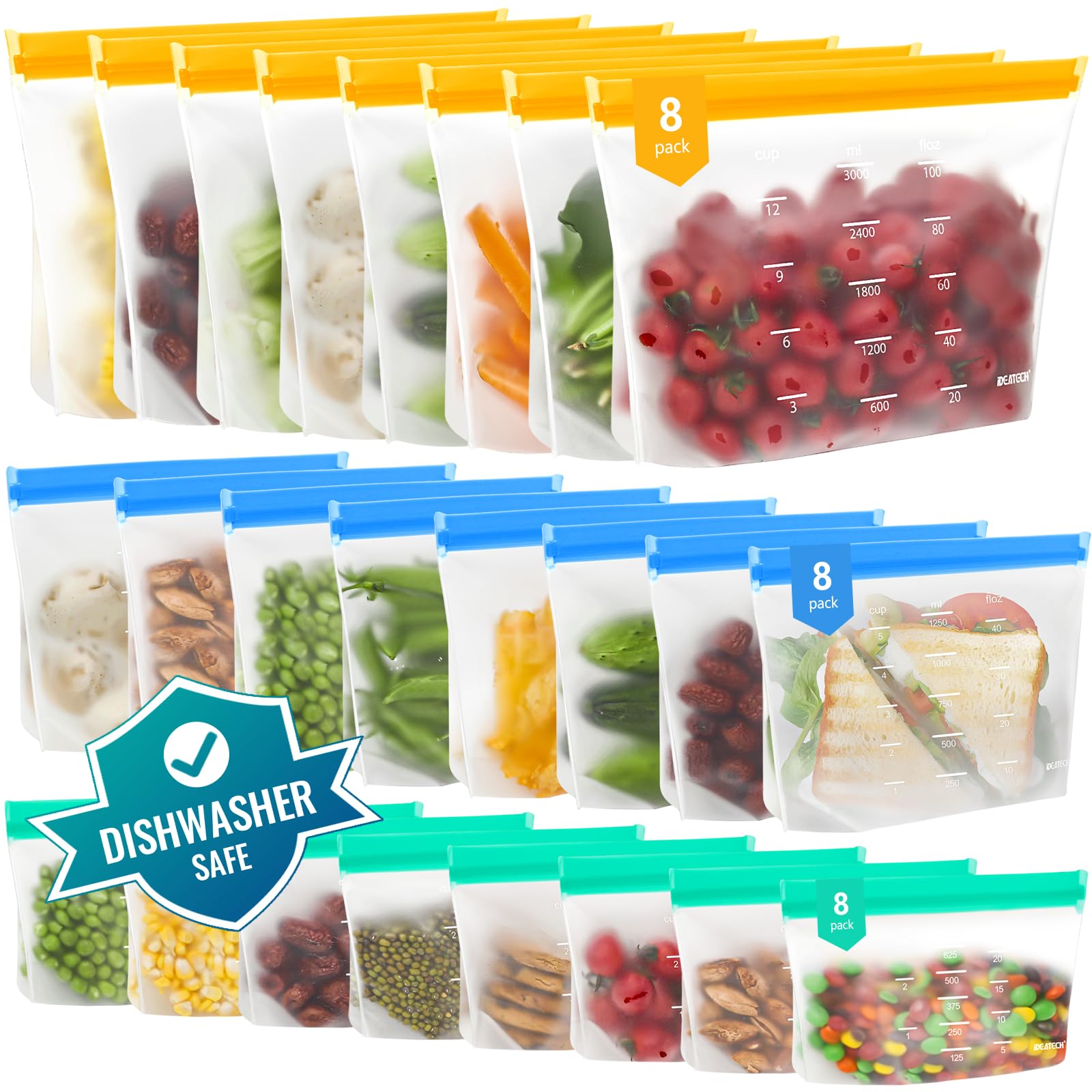 IDEATECH 24 Piezas Bolsas Silicona Reutilizables Congelar Congelacion Hermética Cremallera Sin BPA Alimentos Autosellado Comida Vertical