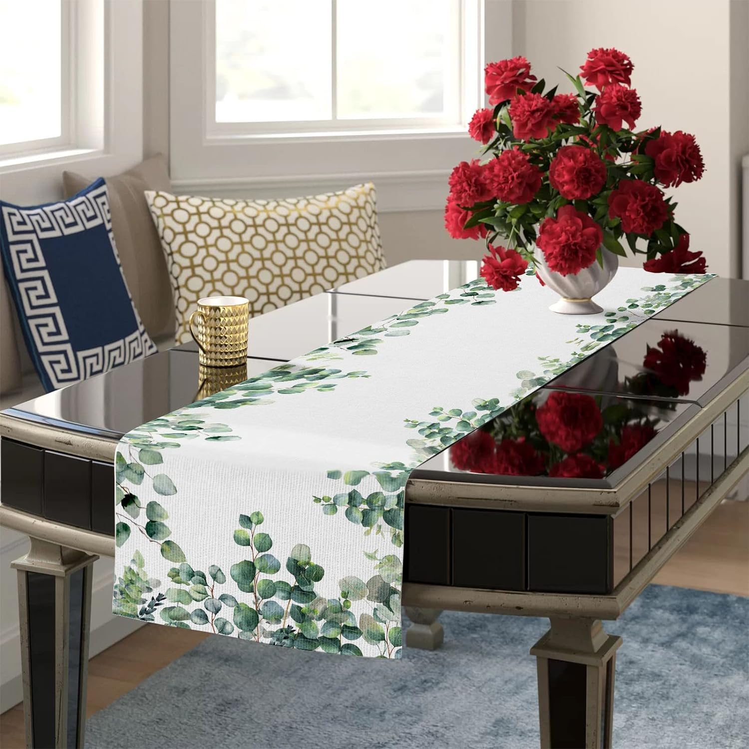 Tafelloper, saliegroen, modern, lente, 33 x 120 cm, linnenlook, wasbaar, kort, boho, moderne tafeldecoratie voor verjaardag, Valentijnsdag, eetkamer