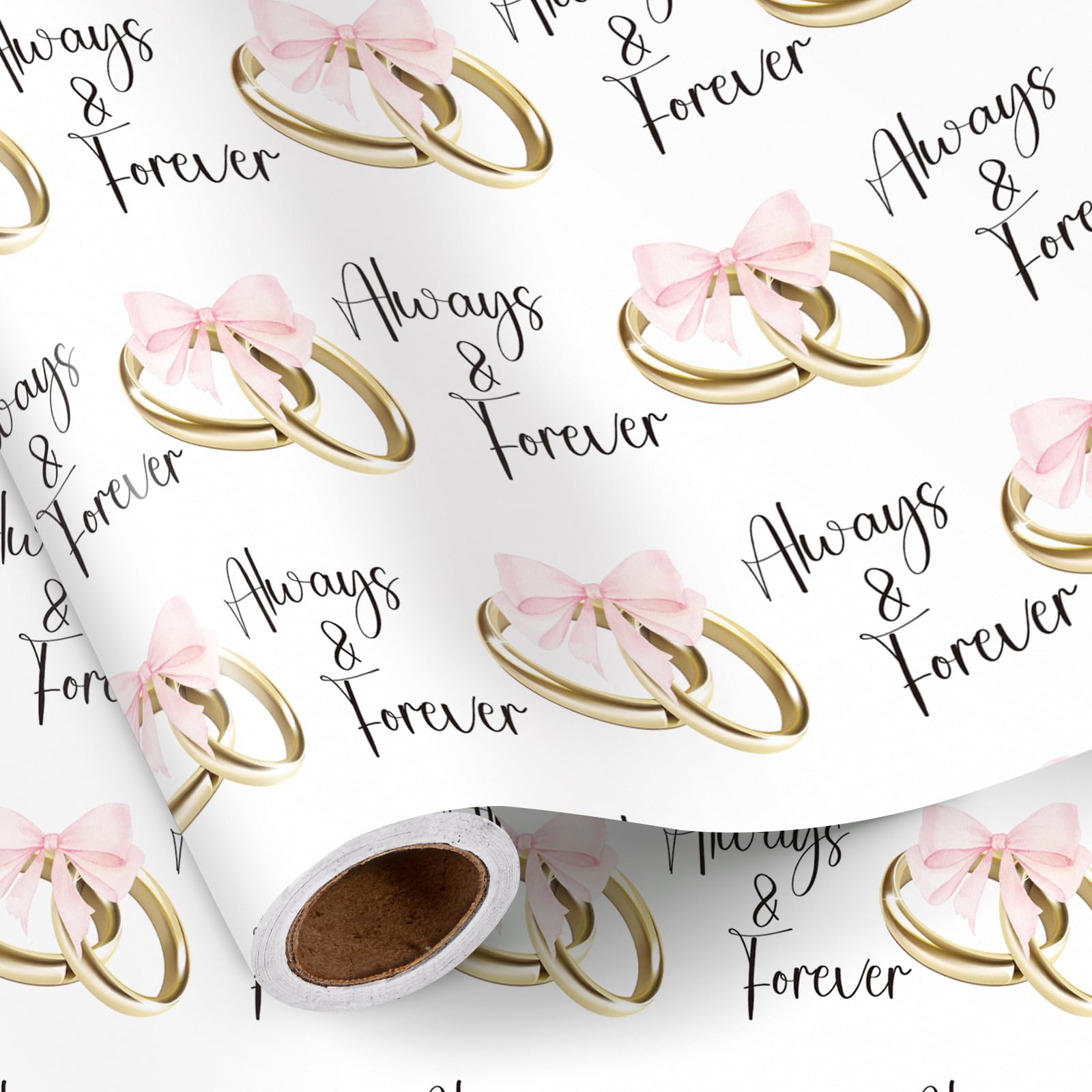 RUSPEPA Wedding Wrapping Paper Roll, Mini Roll, Pink Bows and Golden Rings with "Always & Forever" Text Design, Elegant Gift Wrap for Wedding, Anniversary, Bridal Shower, 43.2cm x 5m — image 1